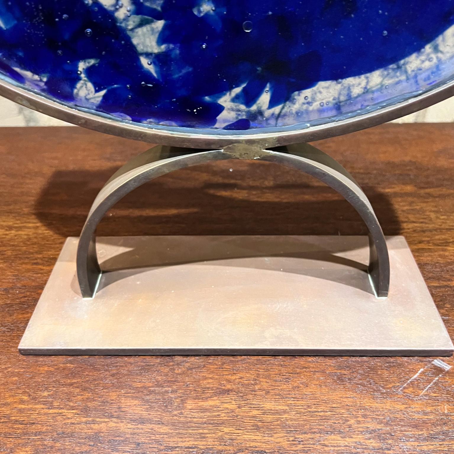 Postmodern 2000s Menorah Seven Arm Blue Fused Art Glass Bronze signed For Sale 12