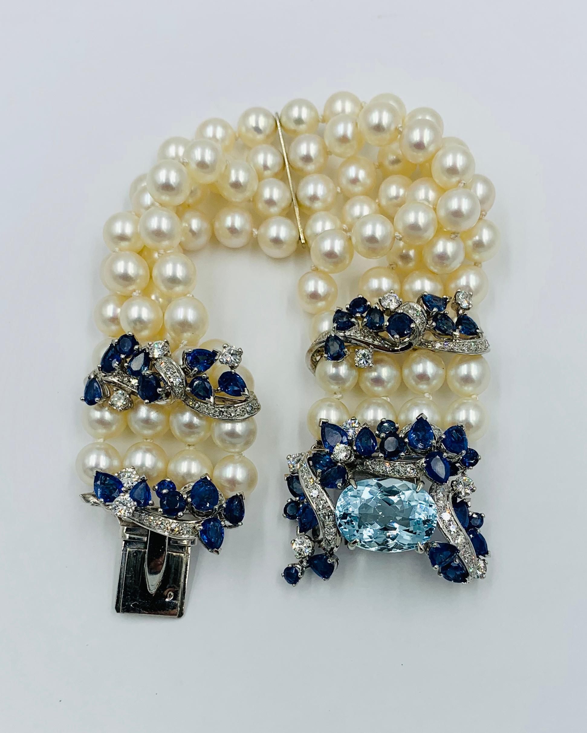 7 Carat Aquamarine 10 Carat Sapphire Diamond Pearl Bracelet France 18 Karat Gold 4