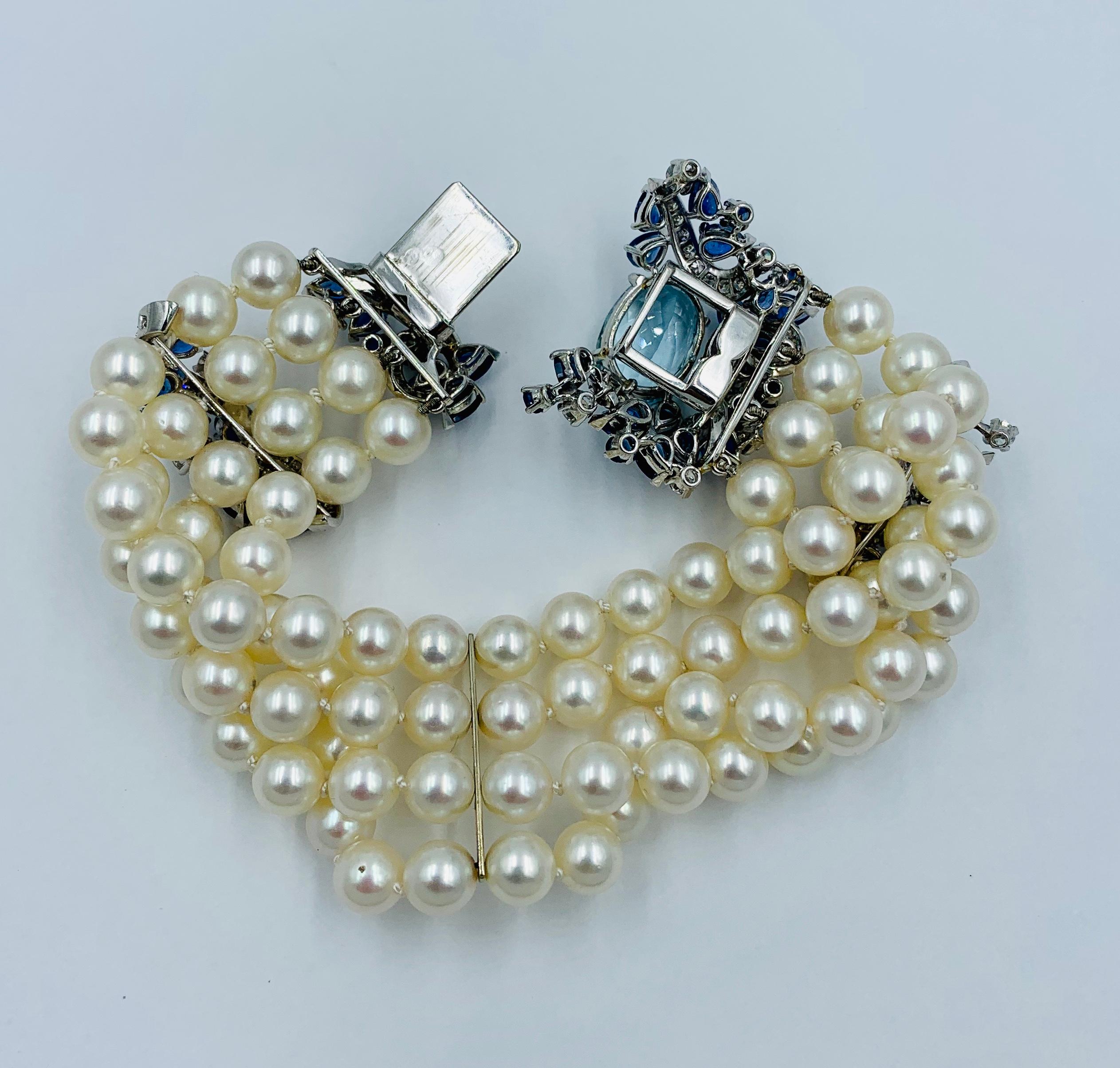 7 Carat Aquamarine 10 Carat Sapphire Diamond Pearl Bracelet France 18 Karat Gold 6
