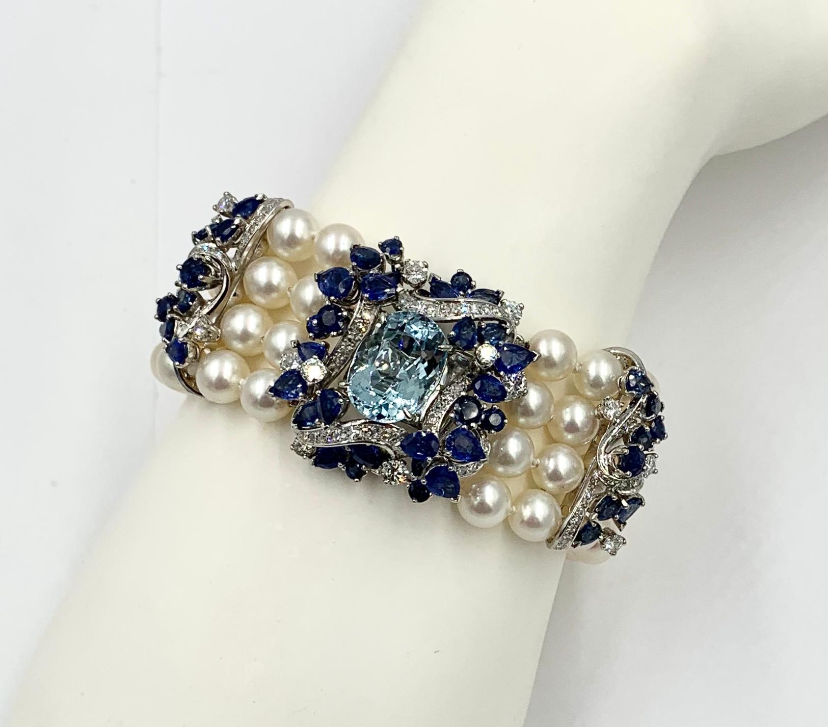 Retro 7 Carat Aquamarine 10 Carat Sapphire Diamond Pearl Bracelet France 18 Karat Gold