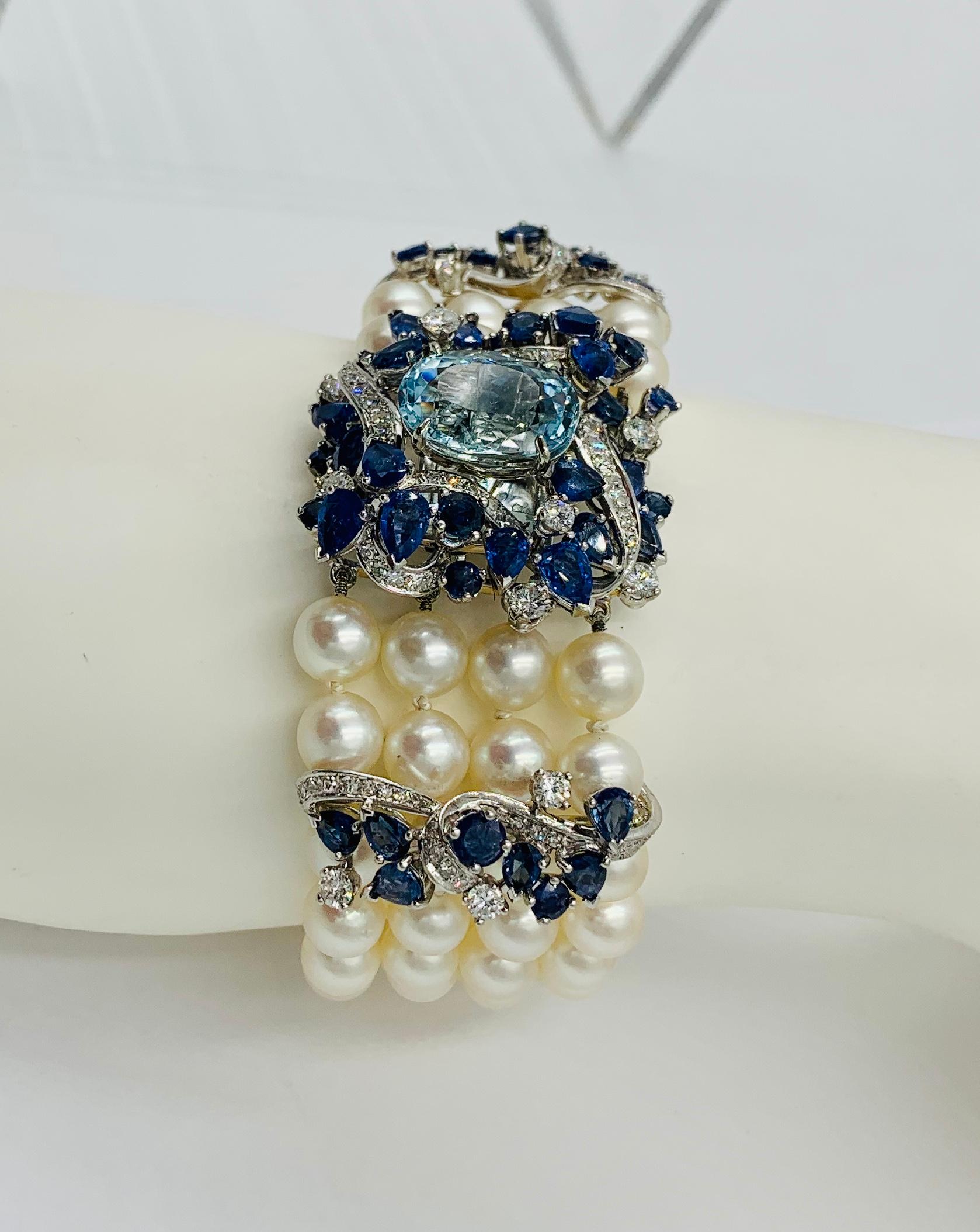 Women's 7 Carat Aquamarine 10 Carat Sapphire Diamond Pearl Bracelet France 18 Karat Gold