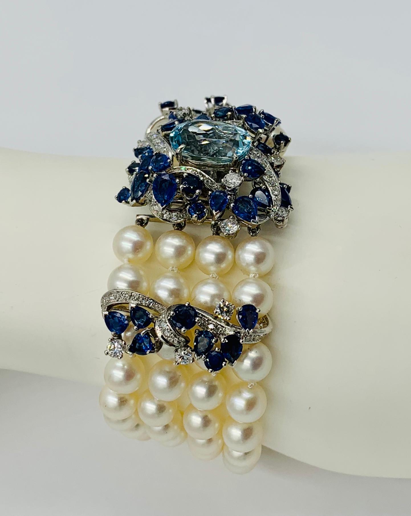 7 Carat Aquamarine 10 Carat Sapphire Diamond Pearl Bracelet France 18 Karat Gold 1