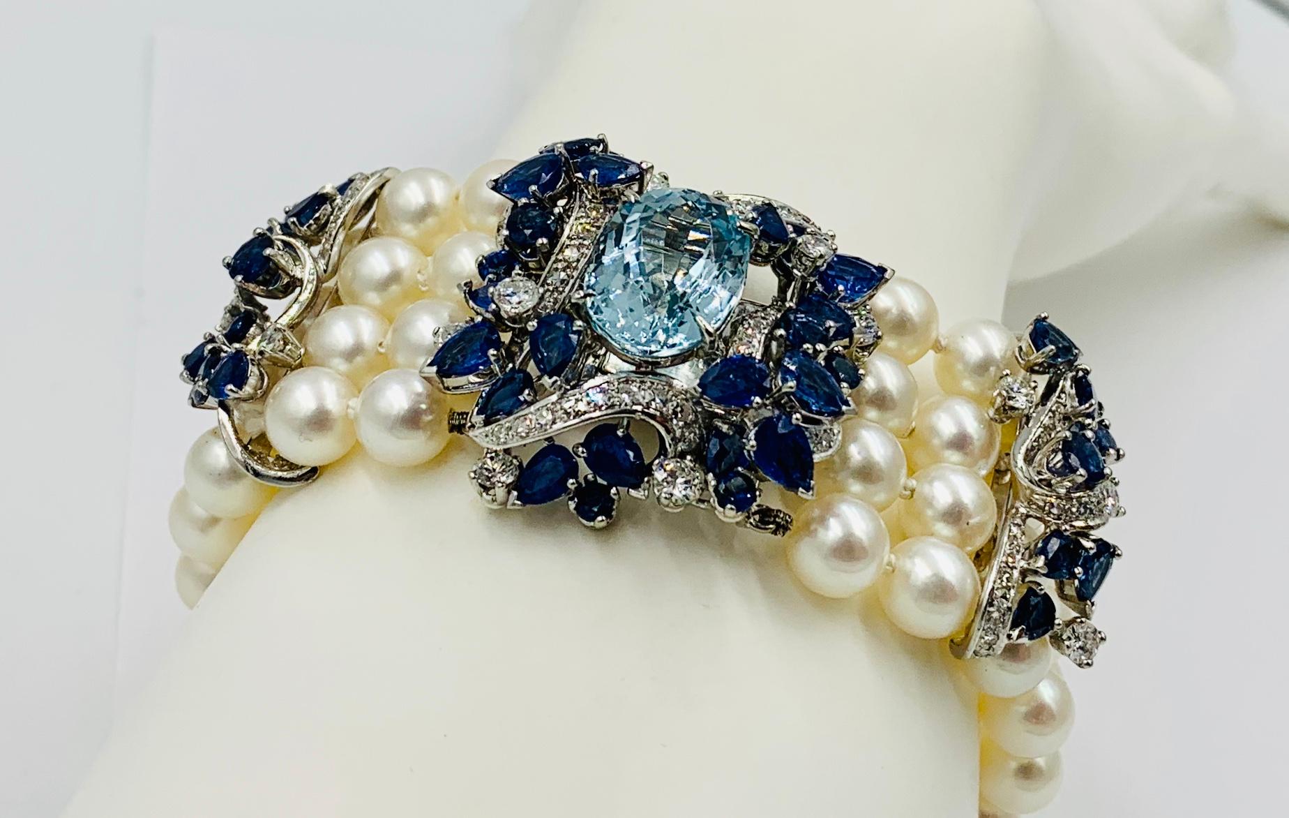 7 Carat Aquamarine 10 Carat Sapphire Diamond Pearl Bracelet France 18 Karat Gold 2