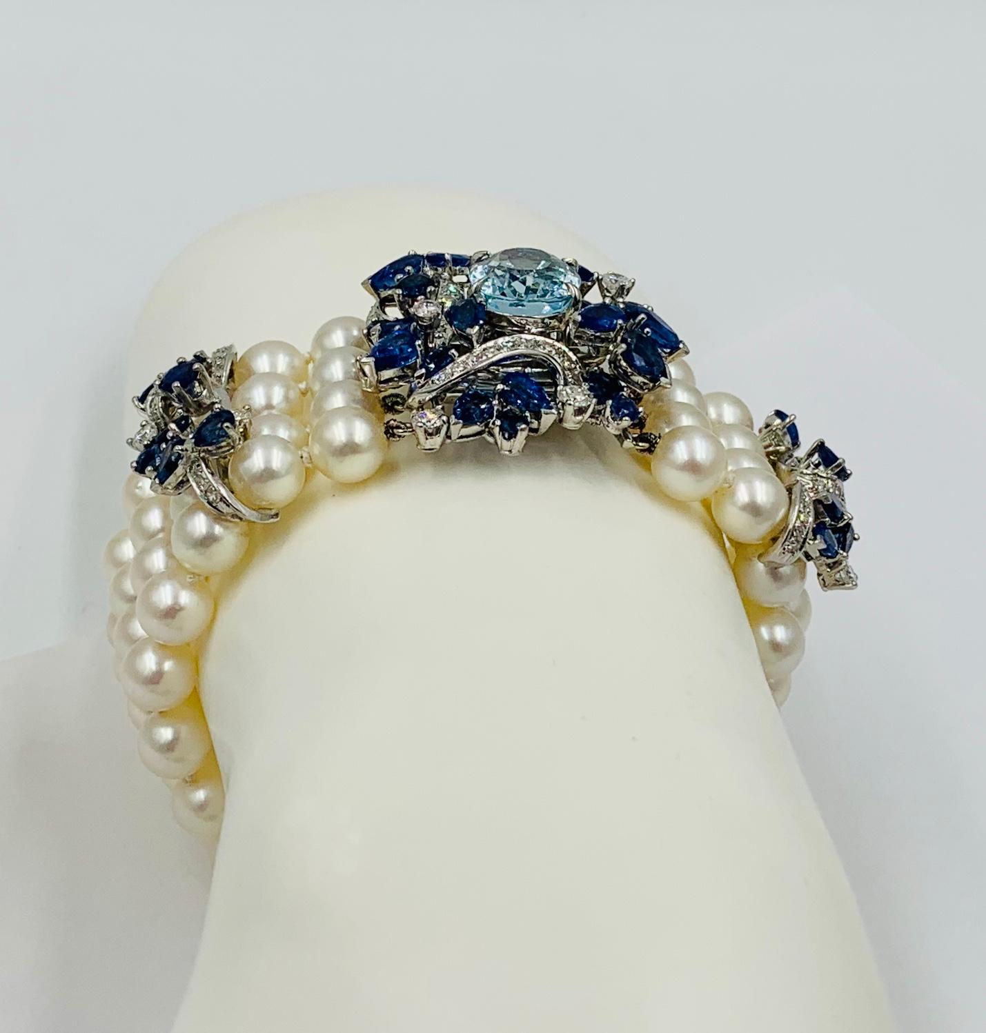 7 Carat Aquamarine 10 Carat Sapphire Diamond Pearl Bracelet France 18 Karat Gold 3