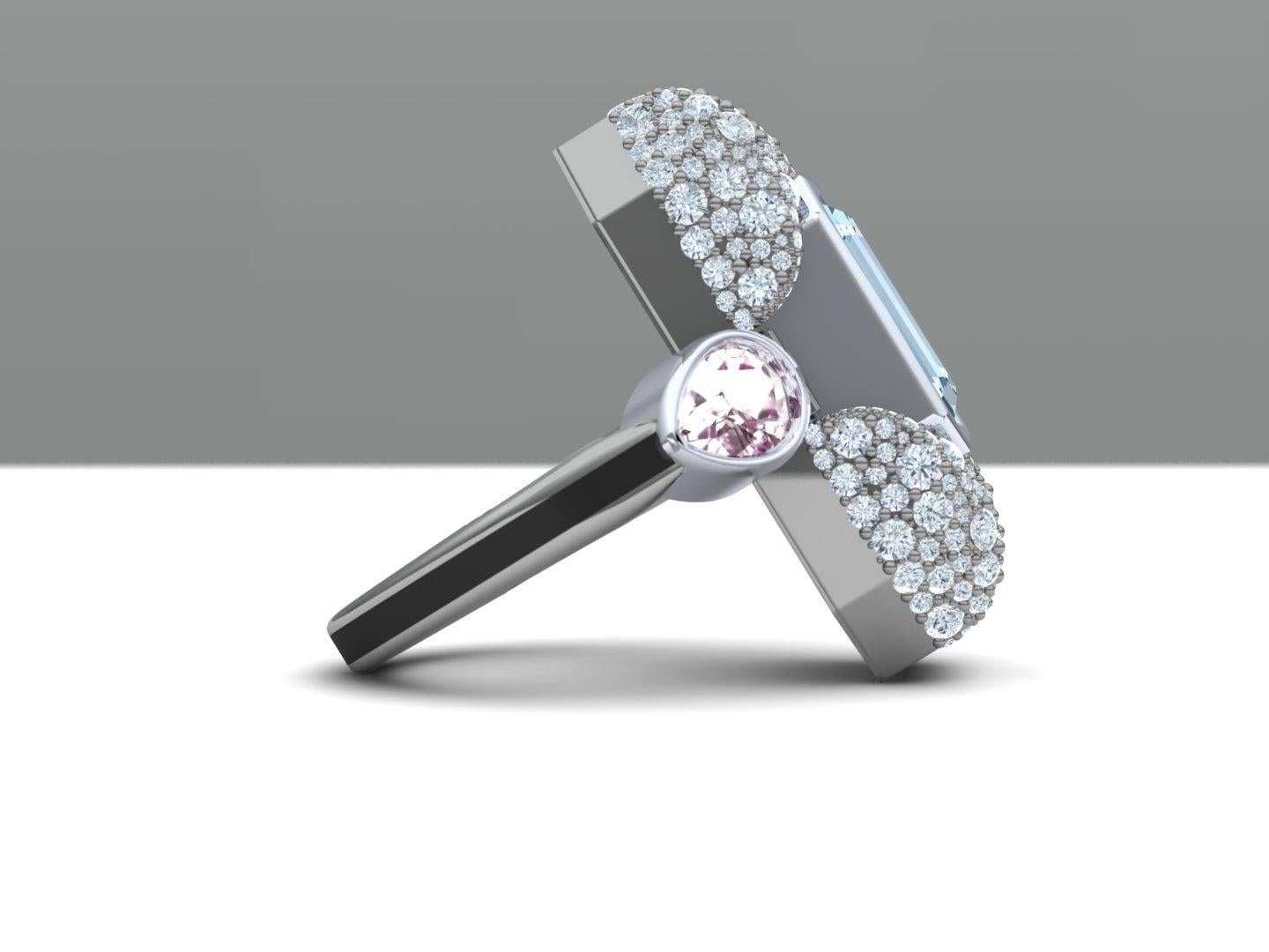 Modern 7 Carat Aquamarine Pink Sapphire and Diamond Platinum and Silver Ring For Sale