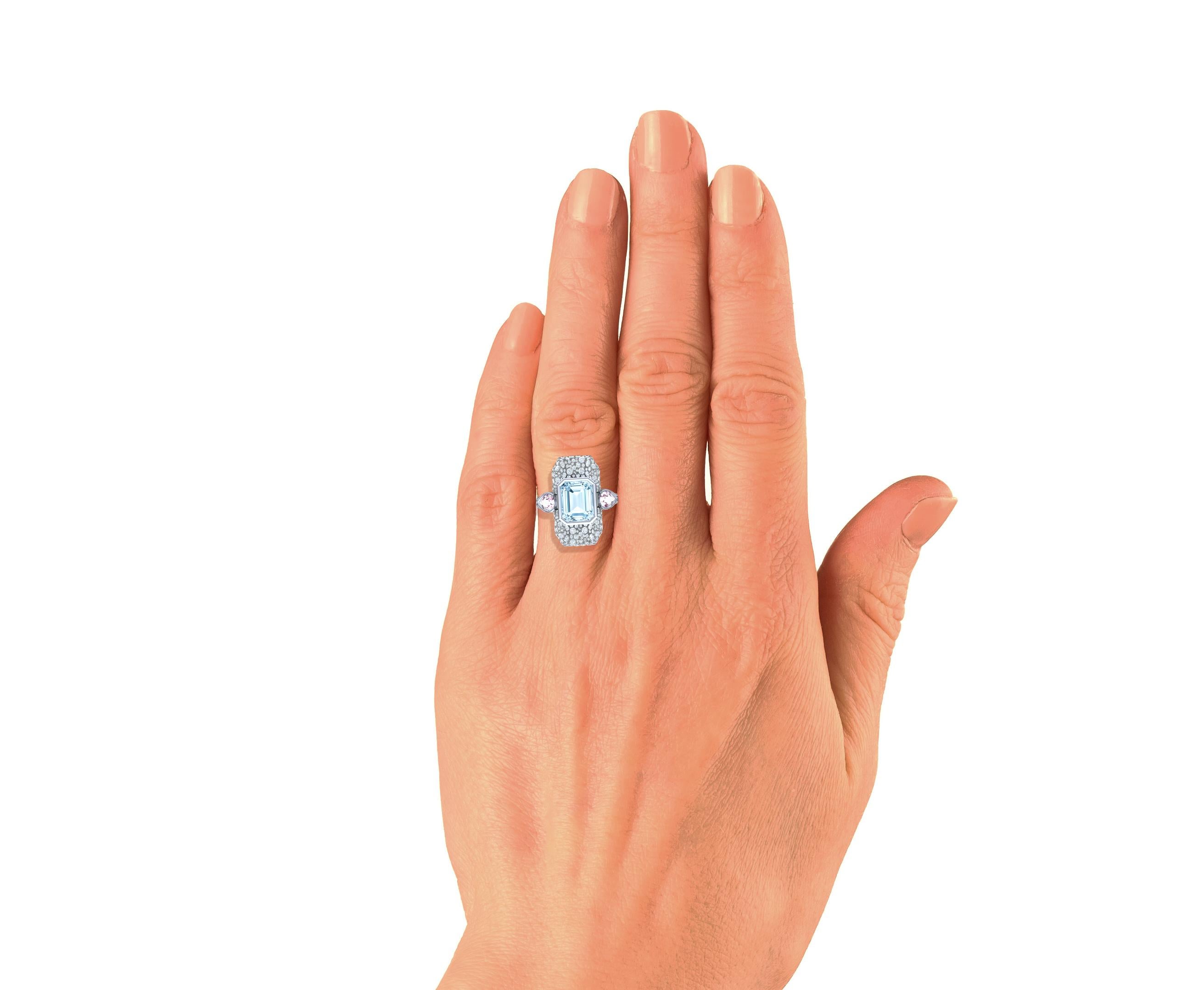 7 Carat Aquamarine Pink Sapphire and Diamond Platinum and Silver Ring In Excellent Condition For Sale In Aliso Viejo, CA