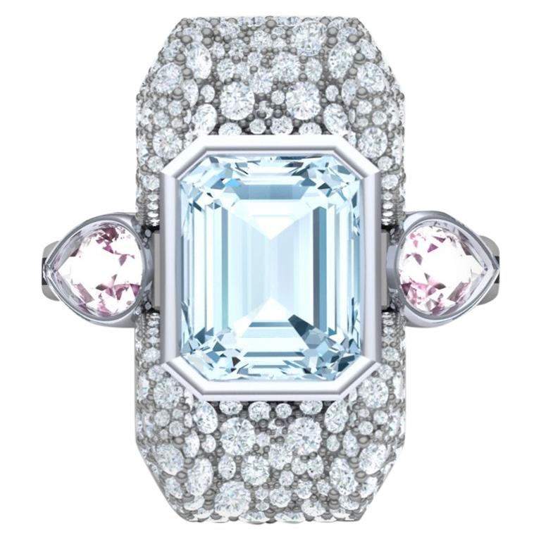 7 Carat Aquamarine Pink Sapphire and Diamond Platinum and Silver Ring For Sale