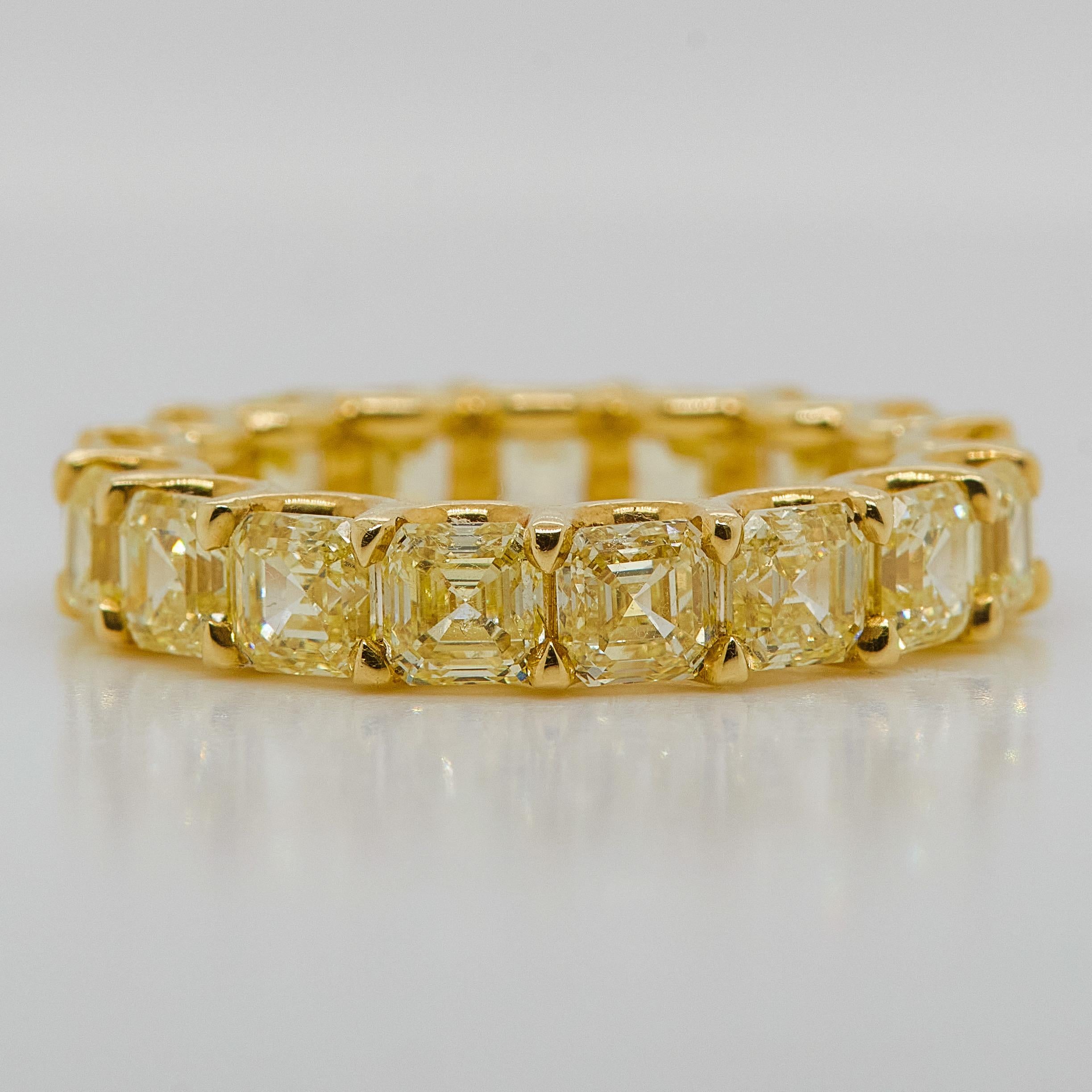 Showcasing a 7.07 carat Yellow Diamond Eternity band set in a polished 18k Rose gold mounting.
U-Prong Style With Asscher-cut Yellow Diamonds. Average diamond size is approximately 0.41 carat.

This ring would be suitable for Wedding Bands,