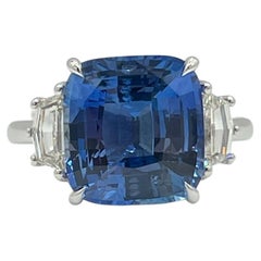 7 Carat Blue Sapphire Cushion and Cadillac Diamond Ring in 18K White Gold