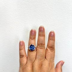 7 Carat Blue Sapphire Oval and Half Moon Diamond Ring in 18K White Gold