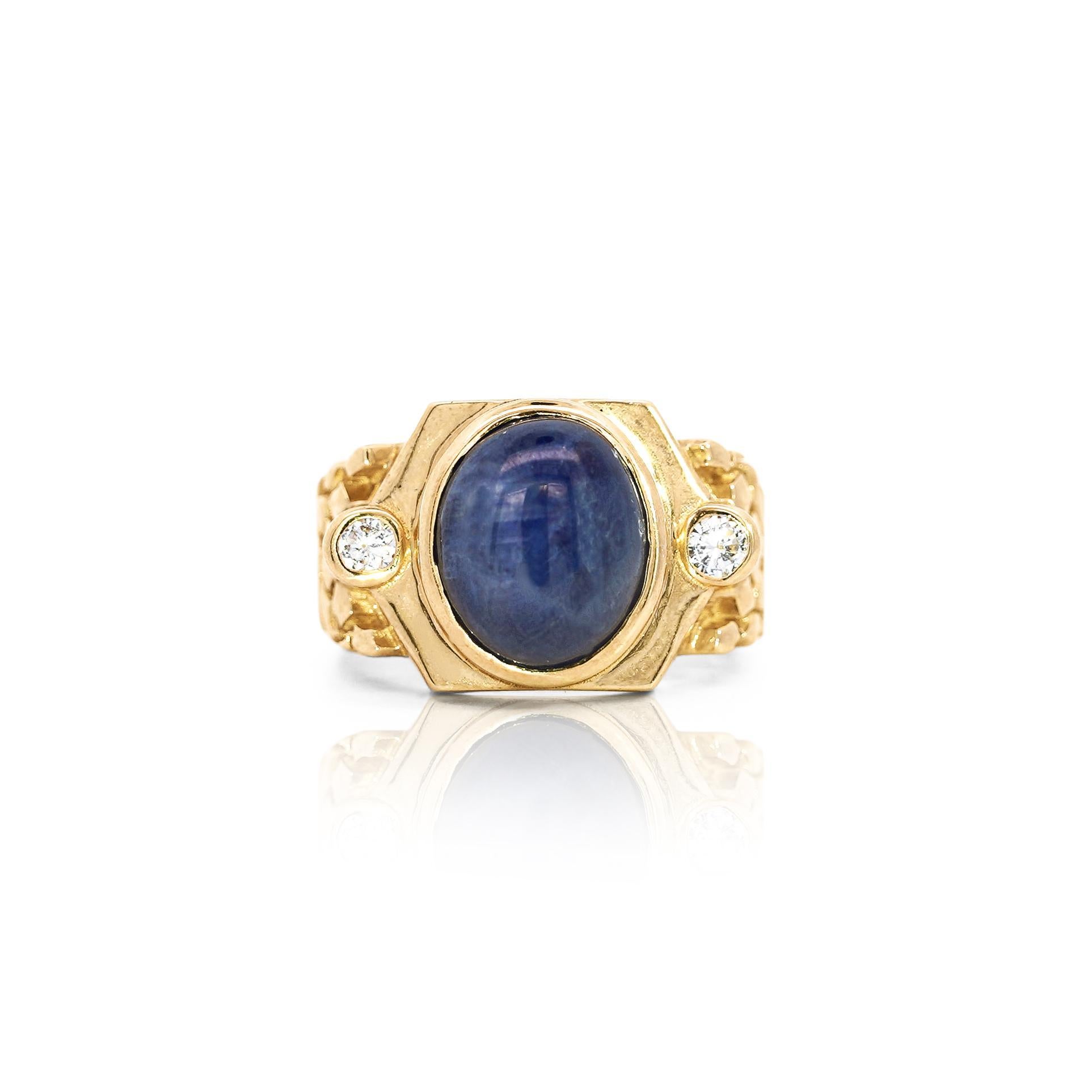 7 Karat Blauer Stern Saphir Cabochon & Diamant 14K Gold Nugget Herrenring im Zustand „Gut“ im Angebot in Miami, FL
