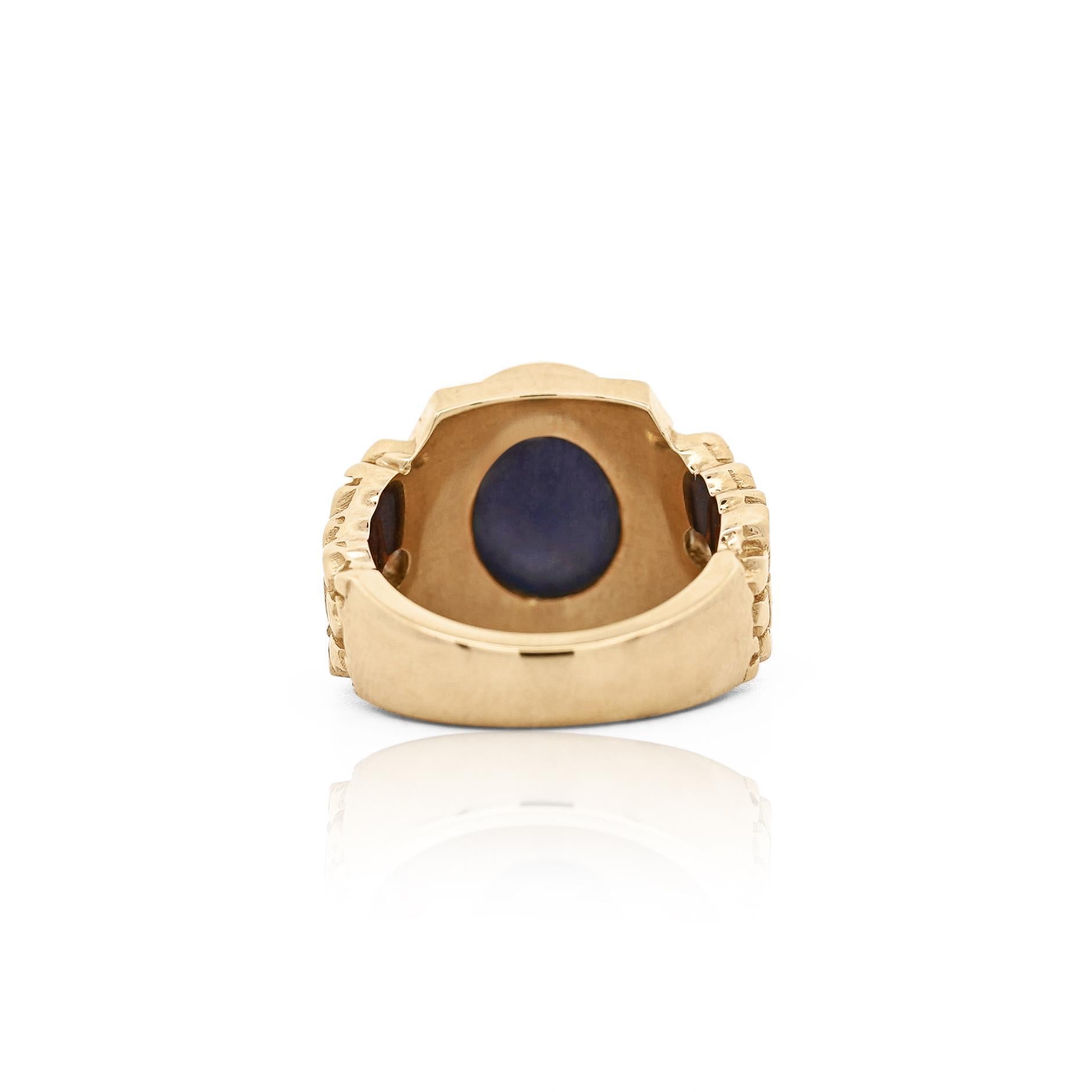 7 Karat Blauer Stern Saphir Cabochon & Diamant 14K Gold Nugget Herrenring im Angebot 1