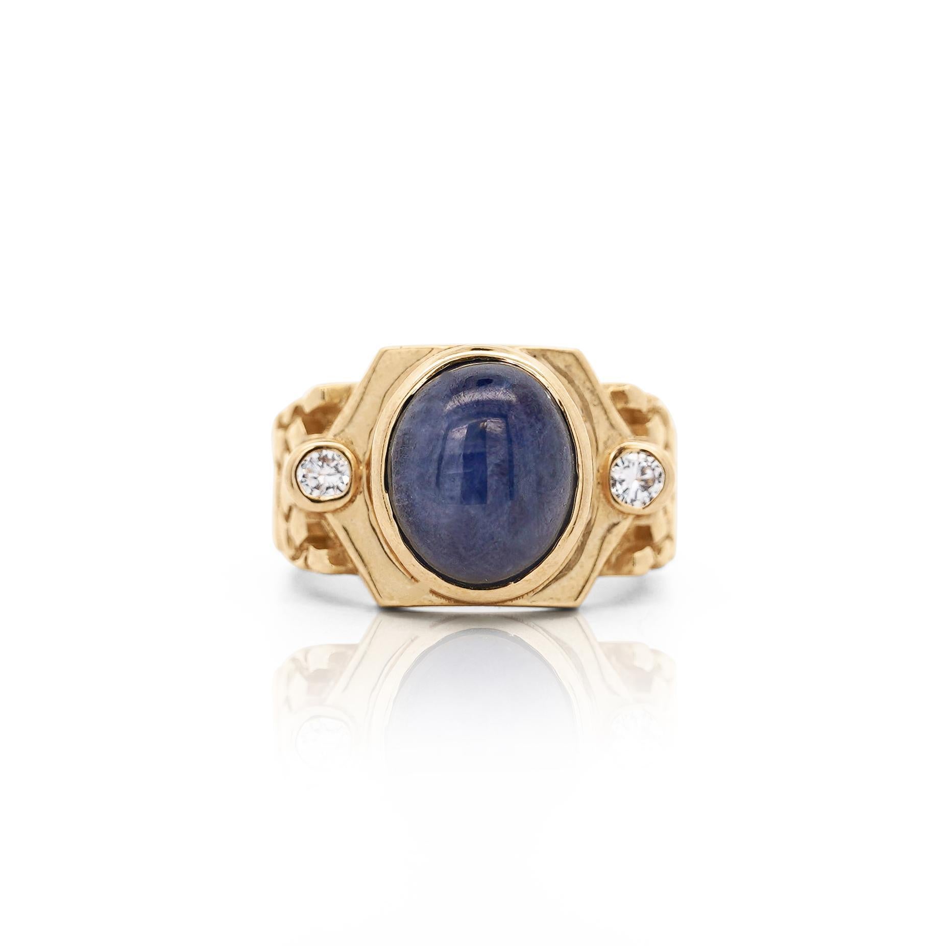 7 Karat Blauer Stern Saphir Cabochon & Diamant 14K Gold Nugget Herrenring im Angebot 2