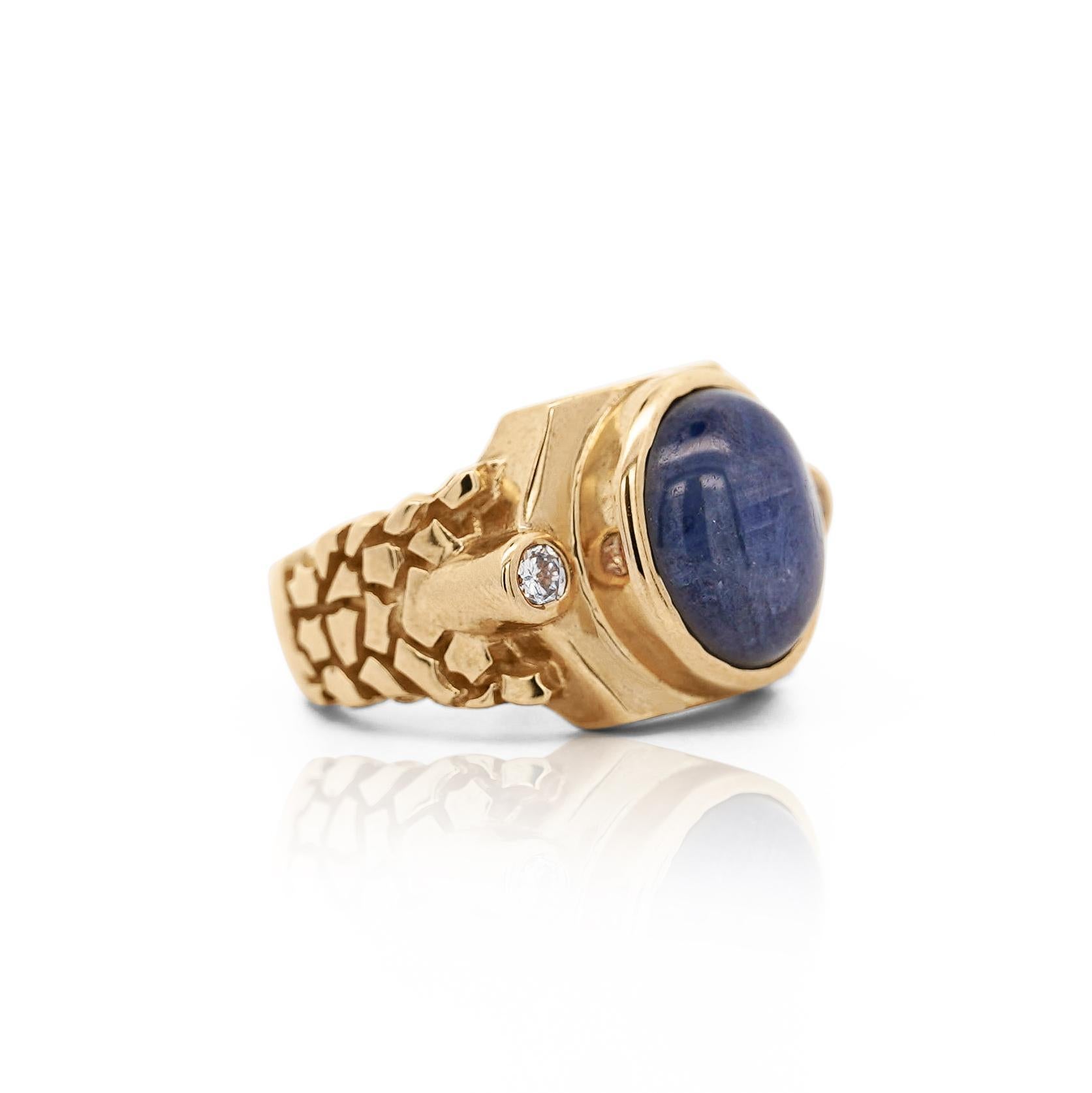 7 Karat Blauer Stern Saphir Cabochon & Diamant 14K Gold Nugget Herrenring im Angebot 3