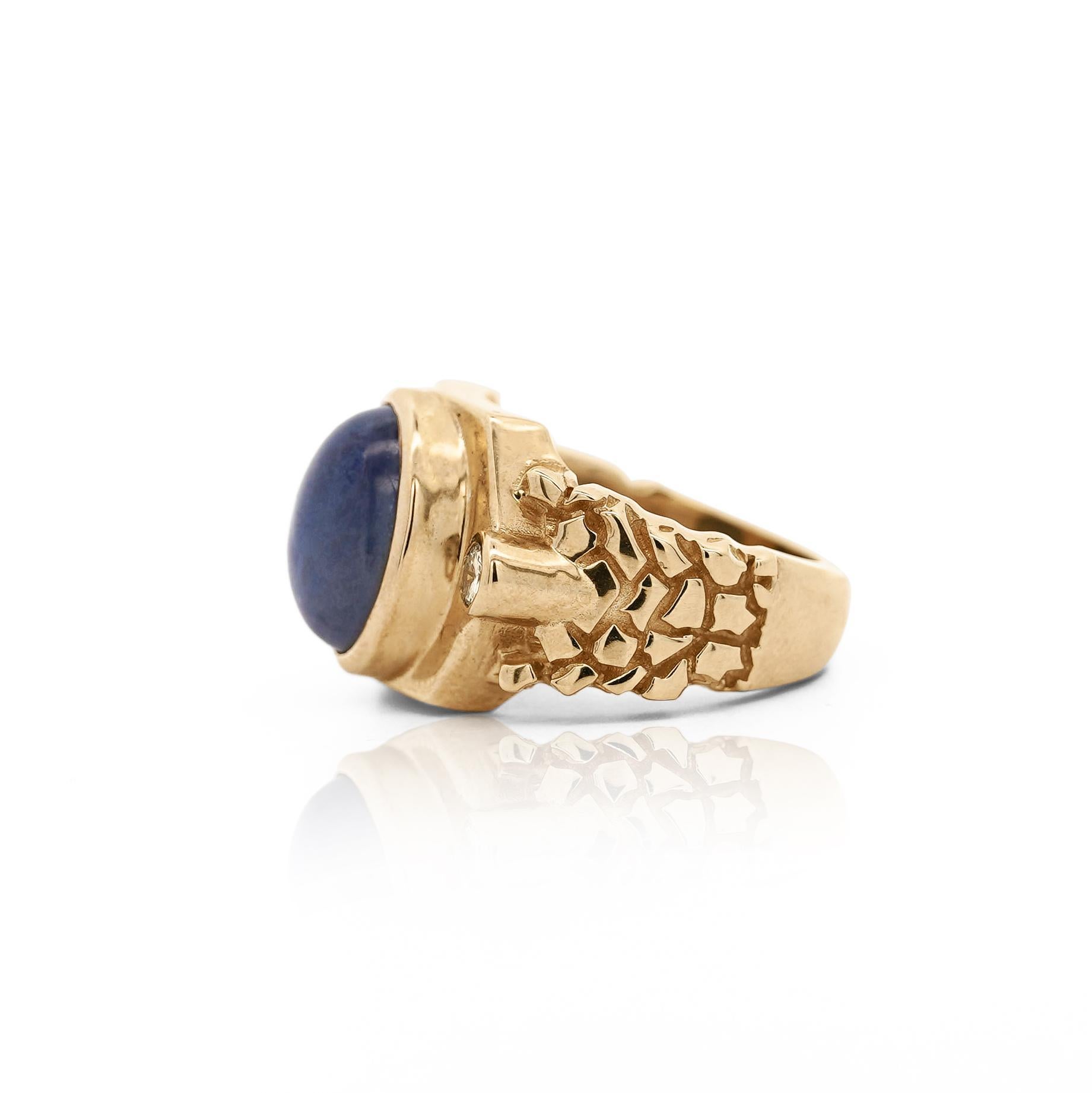 7 Karat Blauer Stern Saphir Cabochon & Diamant 14K Gold Nugget Herrenring im Angebot 4