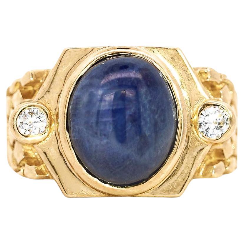 7 Carat Blue Star Sapphire Cabochon & Diamond 14K Gold Nugget Mens Ring
