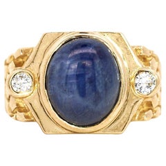 7 Carat Blue Star Sapphire Cabochon & Diamond 14K Gold Nugget Mens Ring
