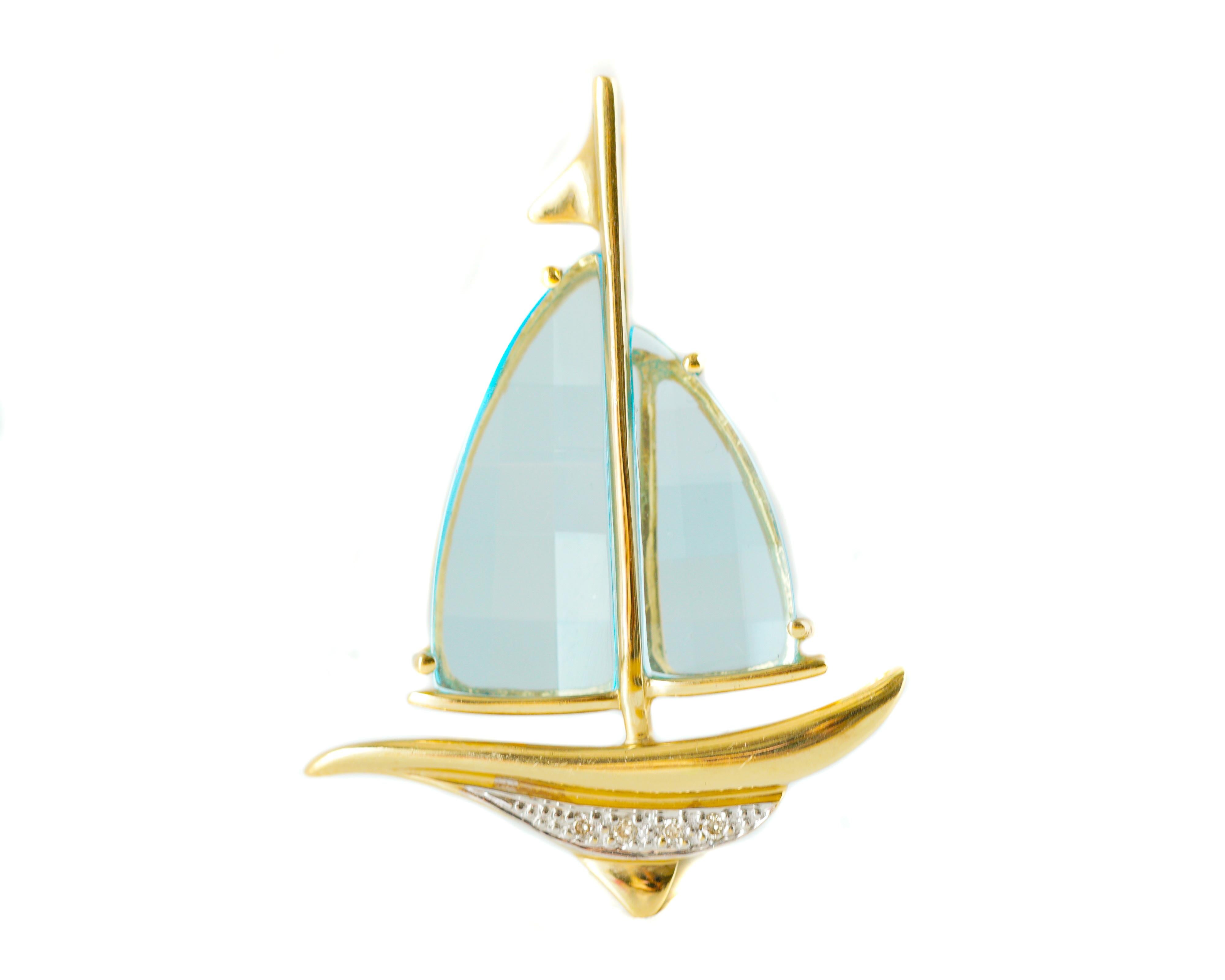 This gorgeous pendant features:
- 7.0 carat total Large, Beautiful, Clear Blue Topaz Mainsail and Jib
- 14 karat yellow Gold Sail Boat with Flag, Mast, Boom, Hull and Keel
- 0.05 carat total Round Brilliant Diamond accented Waterline

Large fixed