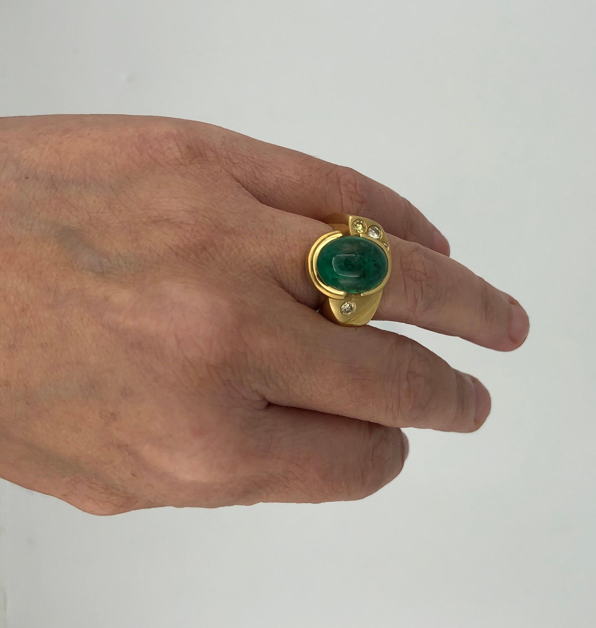 Modern 7 Carat Cabochon Emerald & Diamond Signet Ring, 18K