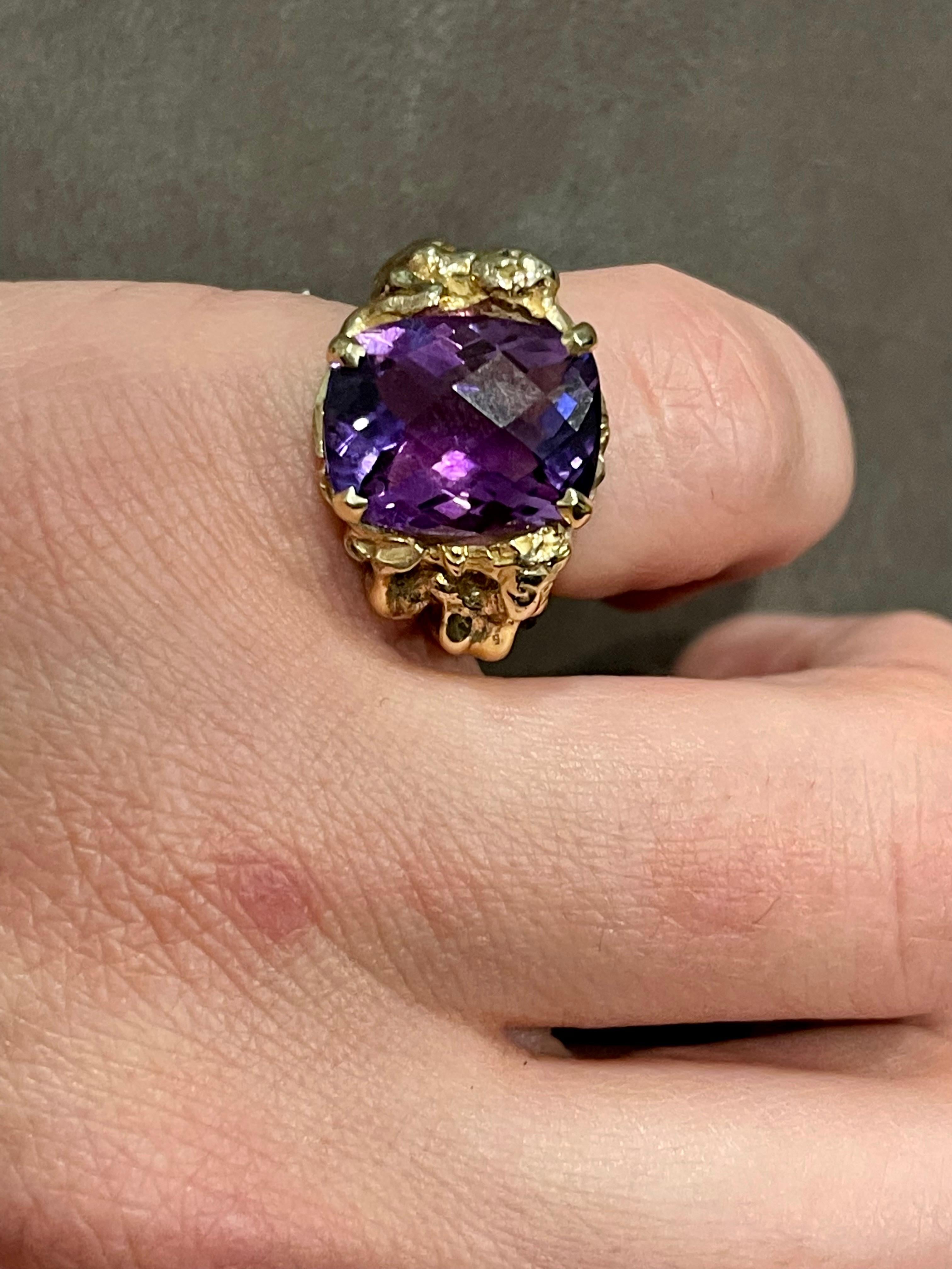 7 Carat Checker Board Amethyst Cocktail Ring in 14 Karat Yellow Gold For Sale 7