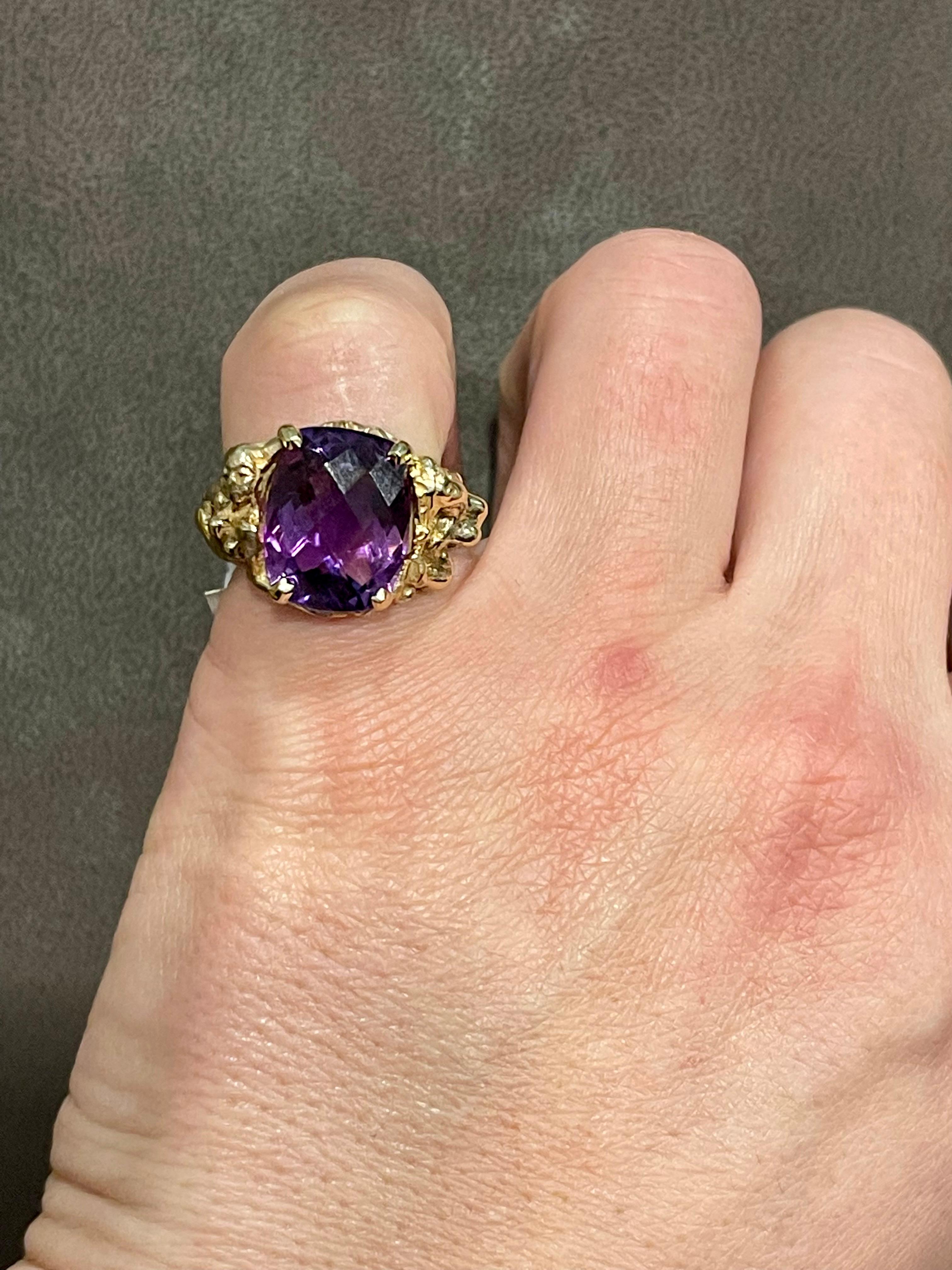 7 Carat Checker Board Amethyst Cocktail Ring in 14 Karat Yellow Gold For Sale 8