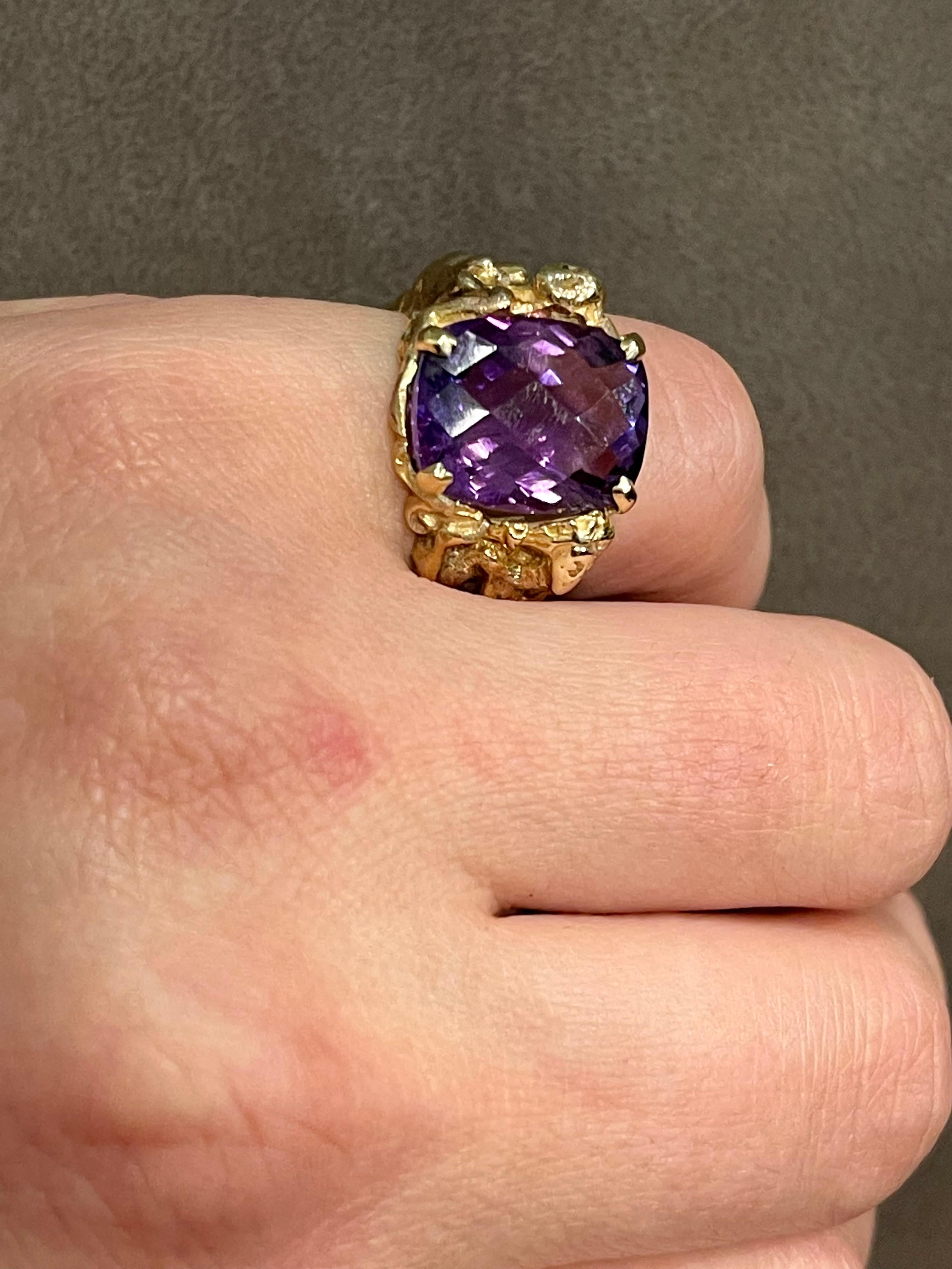 7 Carat Checker Board Amethyst Cocktail Ring in 14 Karat Yellow Gold For Sale 9
