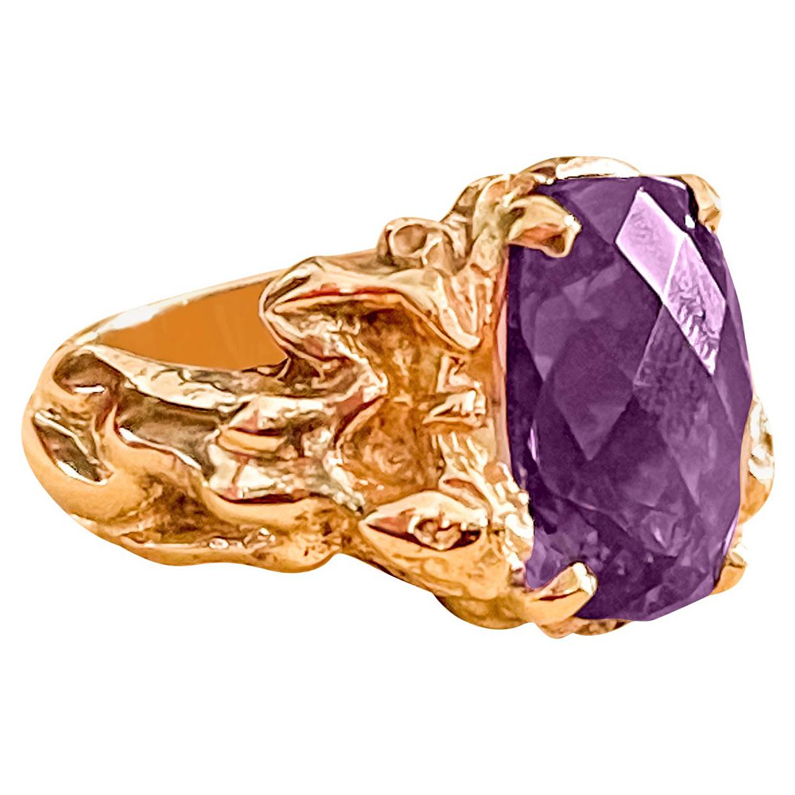 7 Carat Checker Board Amethyst Cocktail Ring in 14 Karat Yellow Gold For Sale