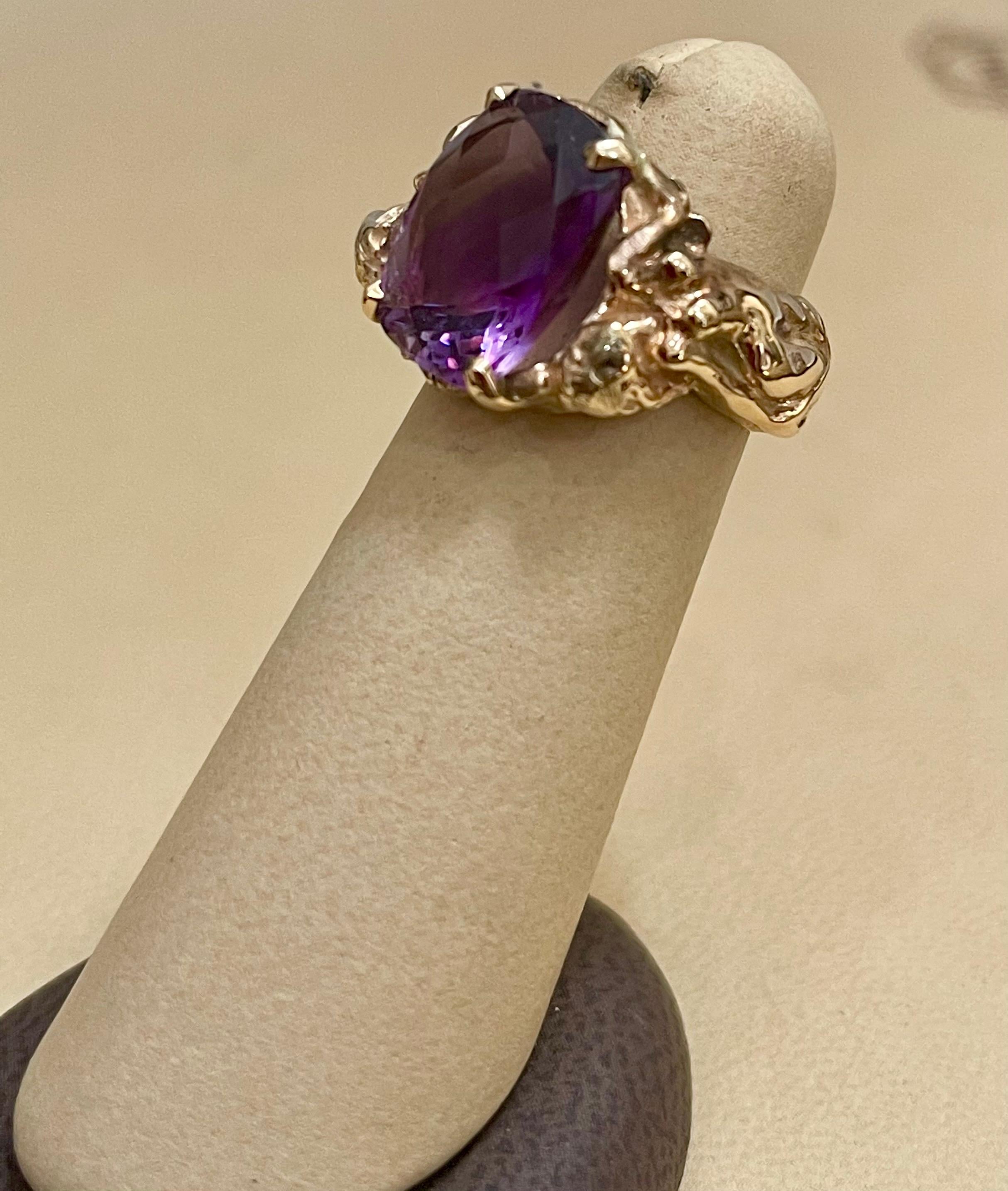 7 Carat Checker Board Amethyst Cocktail Ring in 14 Karat Yellow Gold For Sale 6