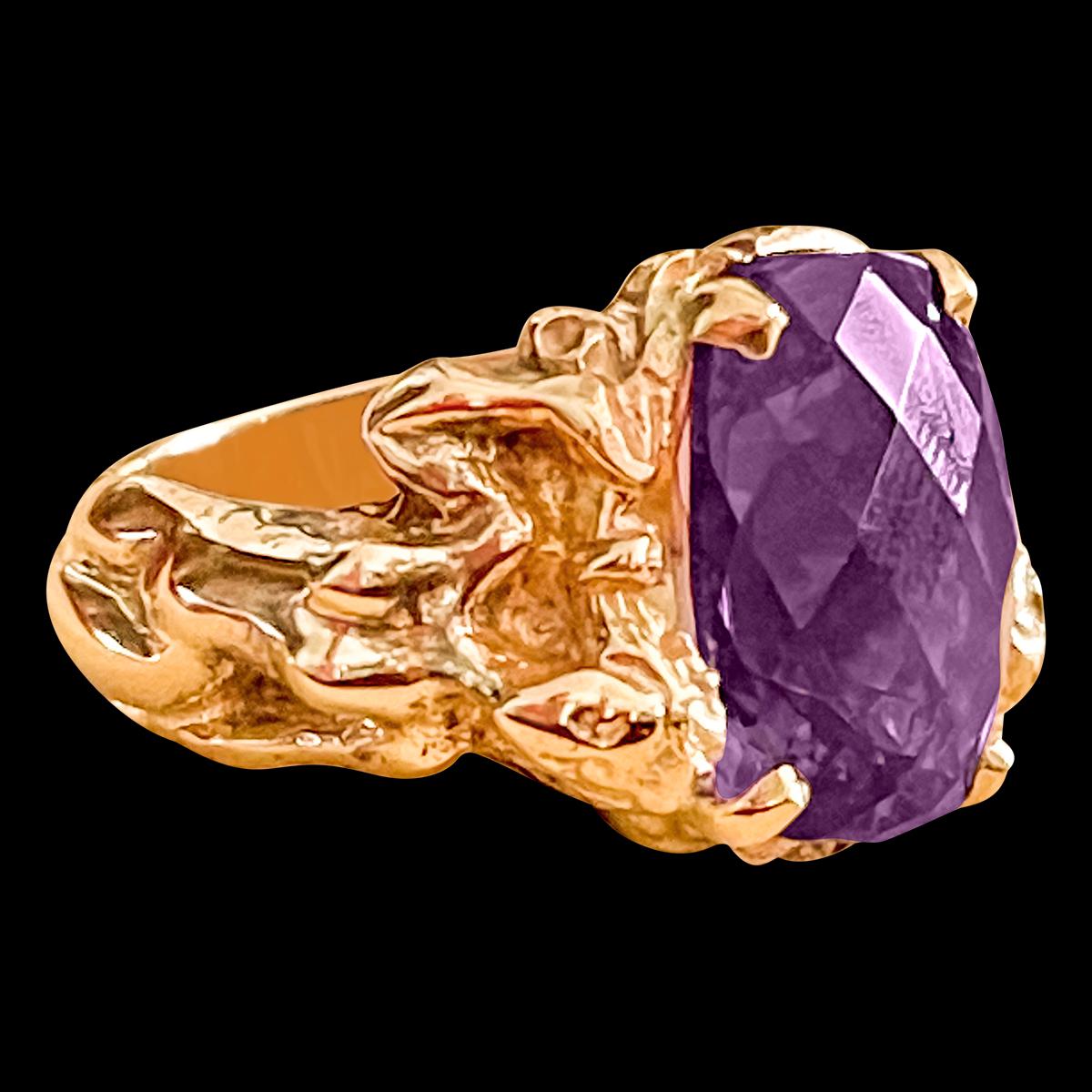 Approximately 7-8 Carat Checker board Amethyst Cocktail Ring in 14 Karat Yellow Gold Size 5
This is a Beautiful Cocktail ring ring which has a large approximately 7-8  carat of high quality Amethyst . Color and clarity is  nice. 
Very old Vintage