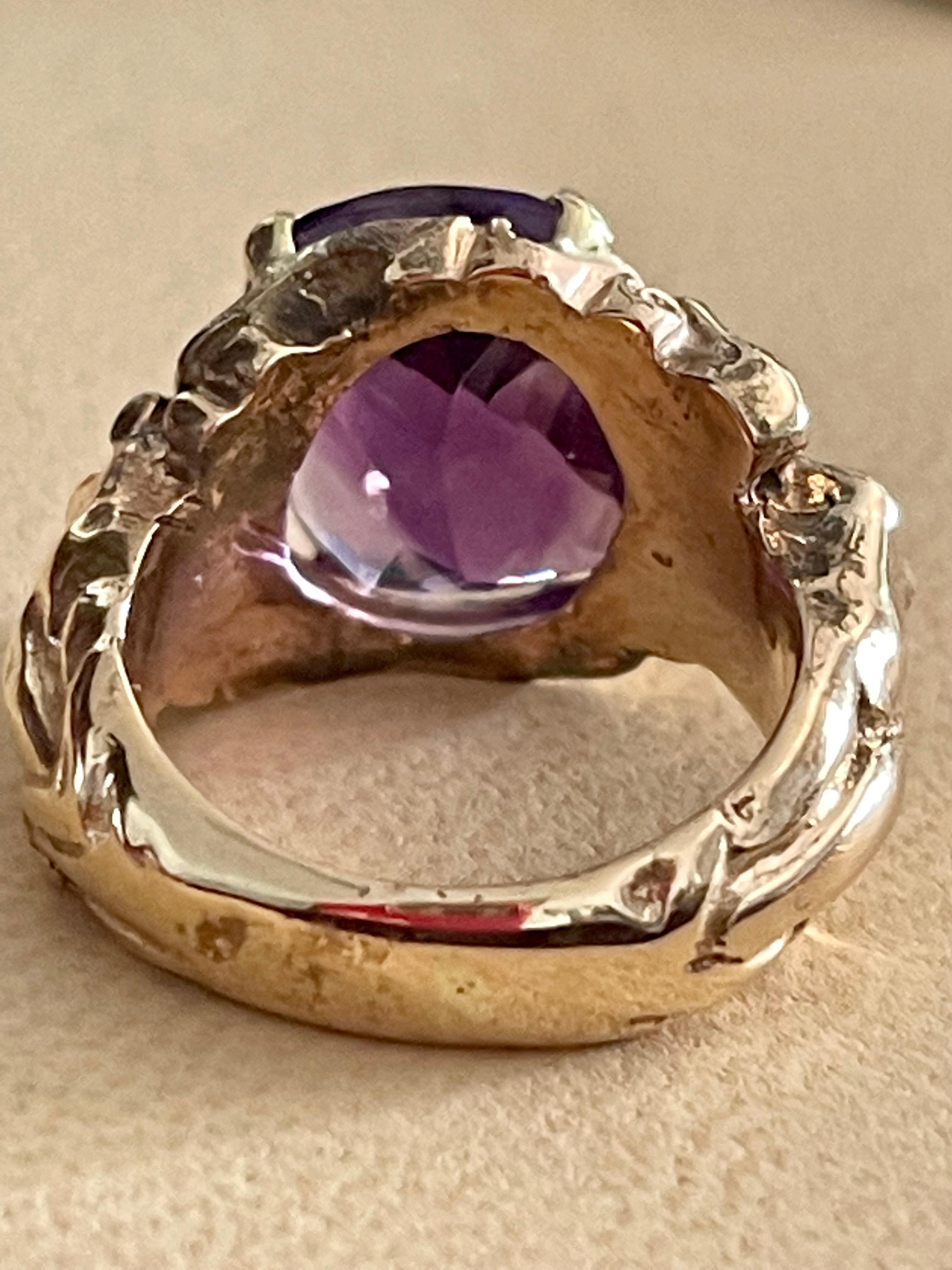 Women's 7 Carat Checker Board Amethyst Cocktail Ring in 14 Karat Yellow Gold For Sale