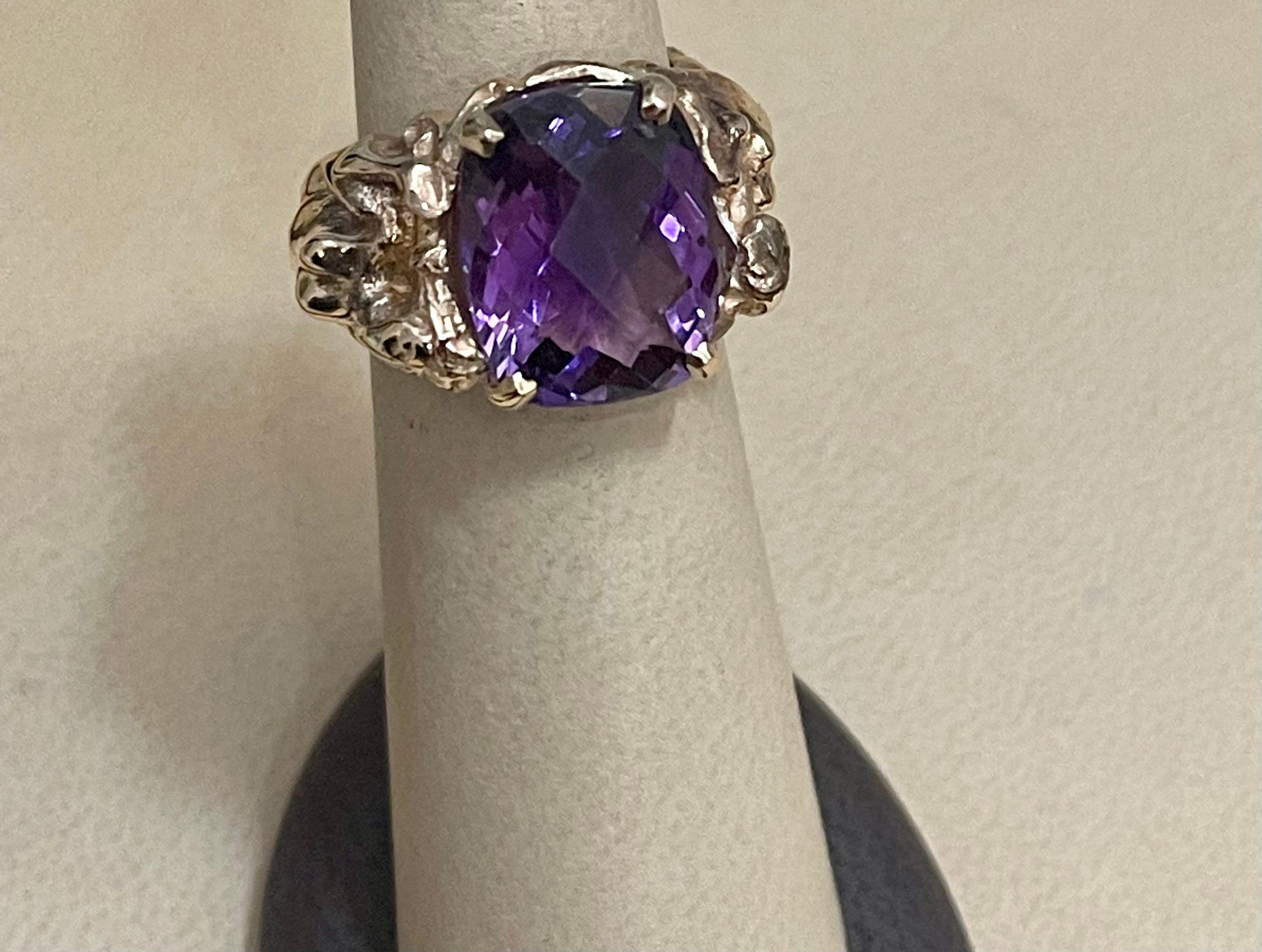 7 Carat Checker Board Amethyst Cocktail Ring in 14 Karat Yellow Gold For Sale 1