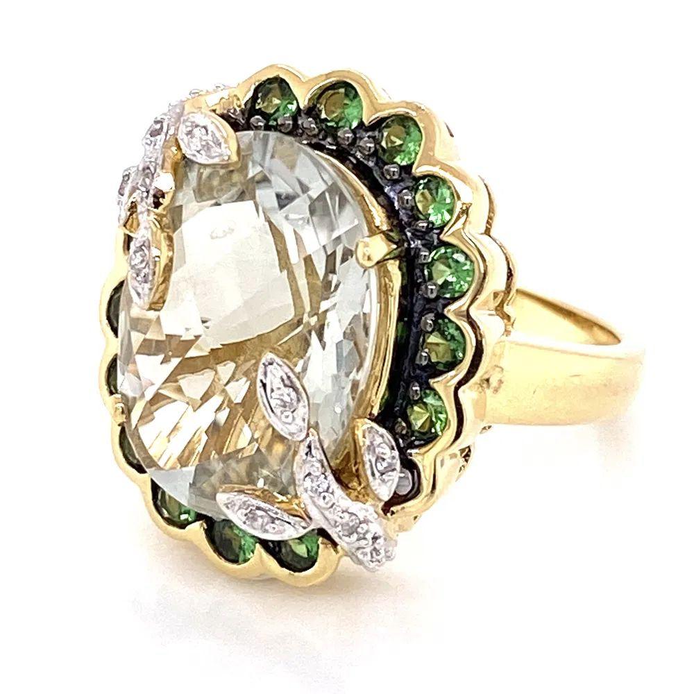 Anello da cocktail in oro con 7 carati a scacchiera di prasiolite e tsavorite e diamanti in vendita 2