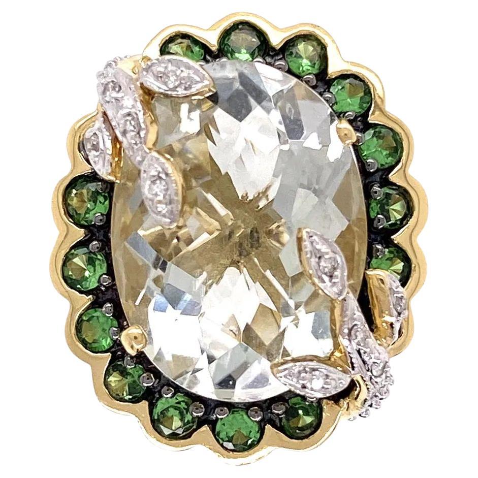 7 Carat Checkerboard Prasiolite Tsavorite and Diamond Gold Cocktail Ring