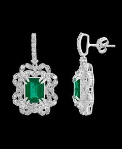7 Carat Colombian Emerald Cut Emerald Diamond Hanging/Drop Earrings 18Karat Gold