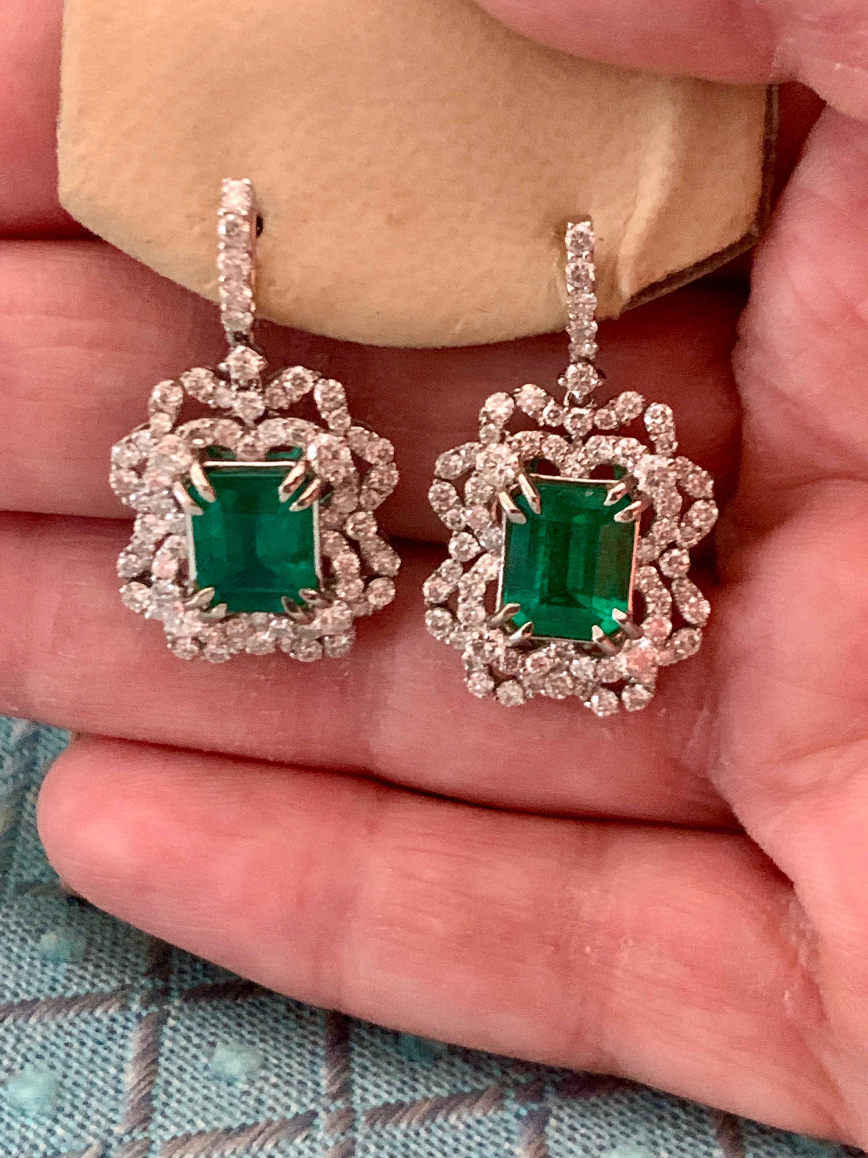 Women's 7 Carat Colombian Emerald Cut Emerald Diamond Hanging/Drop Earrings 18Karat Gold For Sale