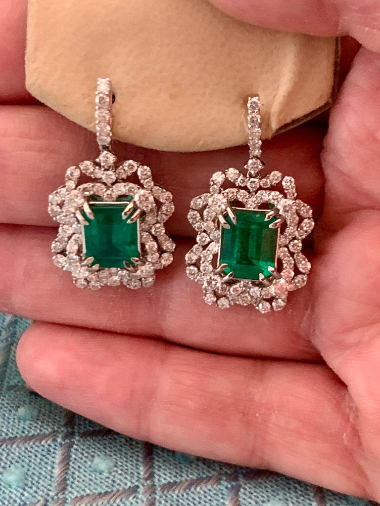 7 Carat Colombian Emerald Cut Emerald Diamond Hanging/Drop Earrings ...