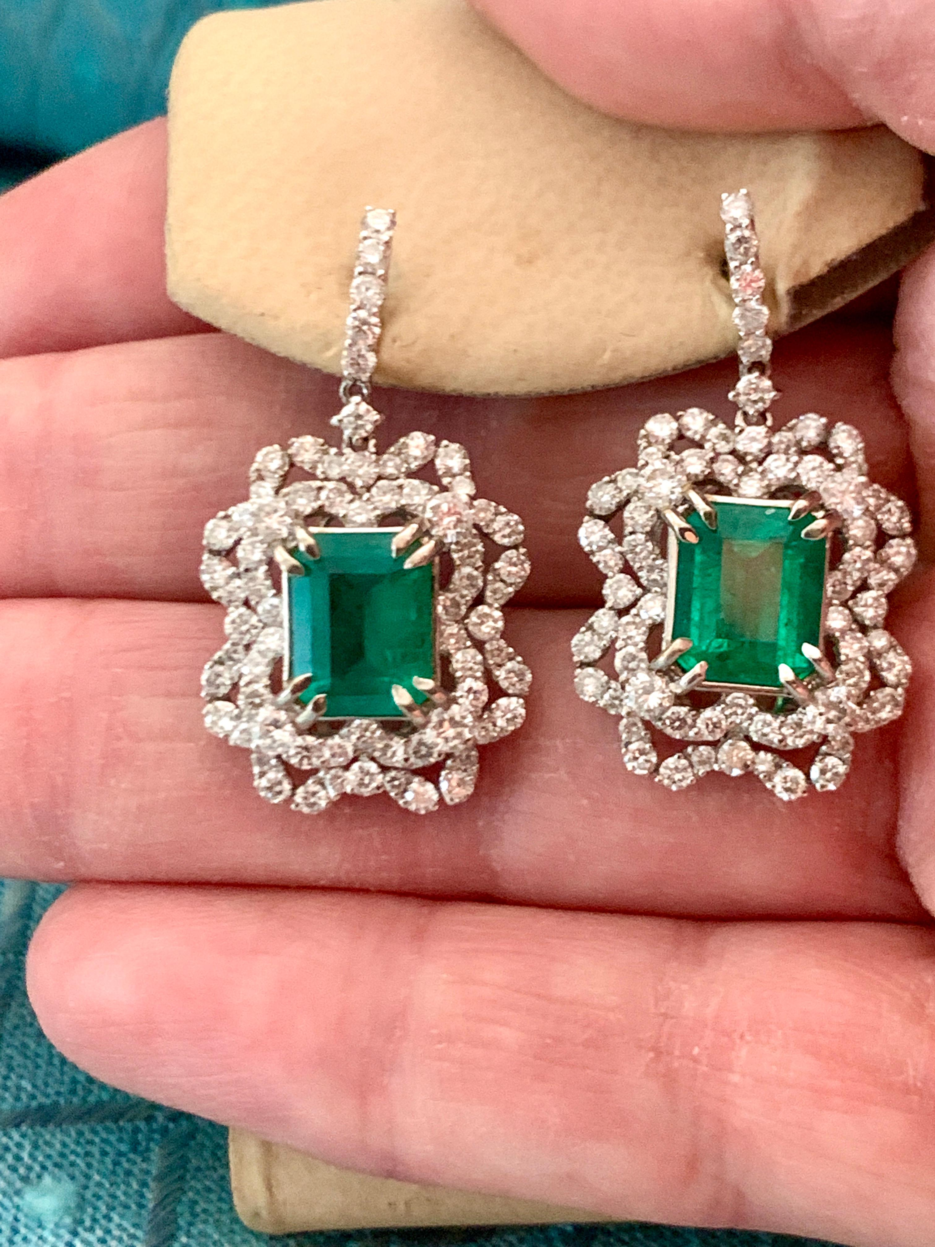 7 Carat Colombian Emerald Cut Emerald Diamond Hanging/Drop Earrings 18Karat Gold For Sale 1