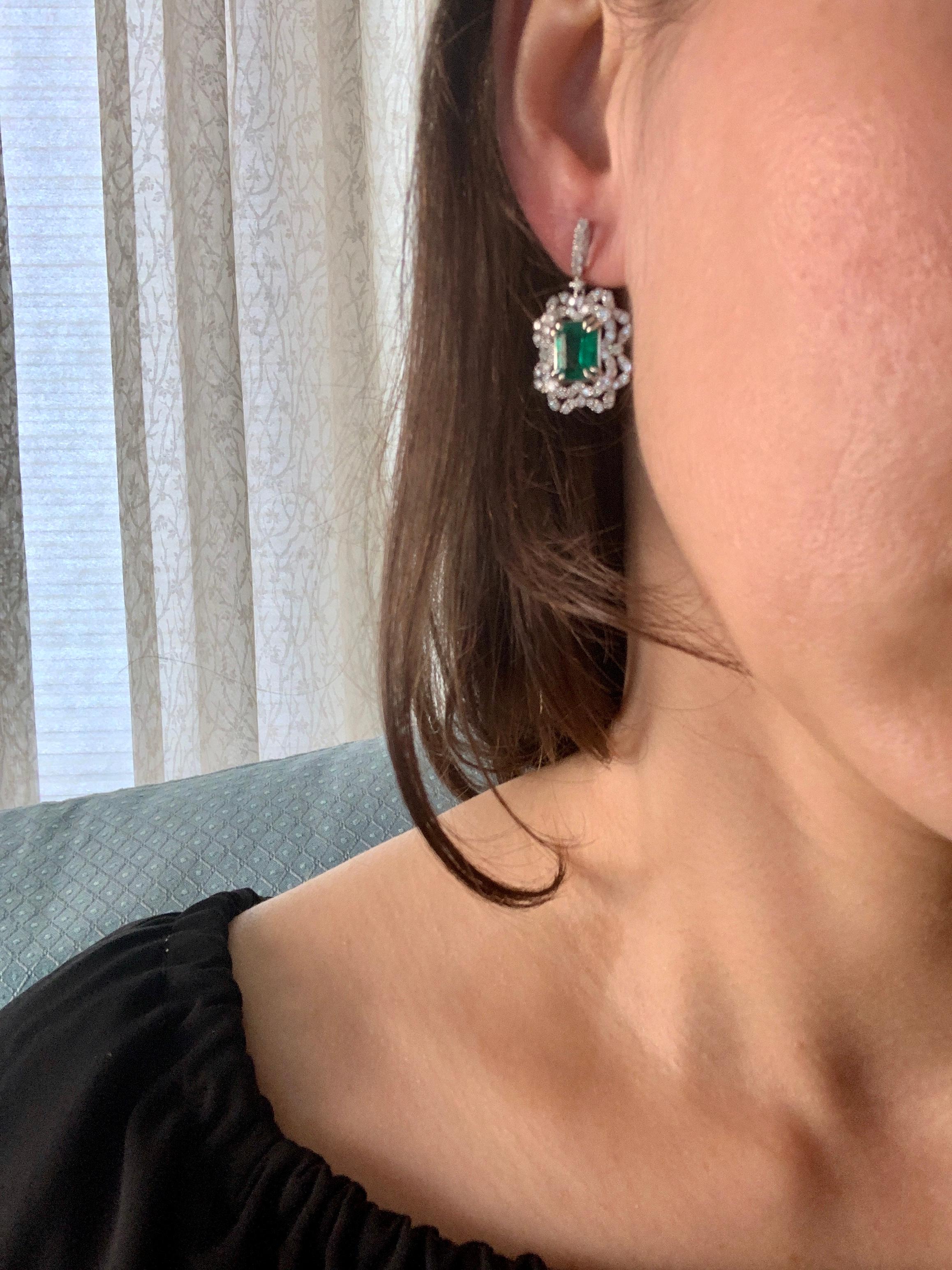 7 Carat Colombian Emerald Cut Emerald Diamond Hanging/Drop Earrings 18Karat Gold For Sale 2