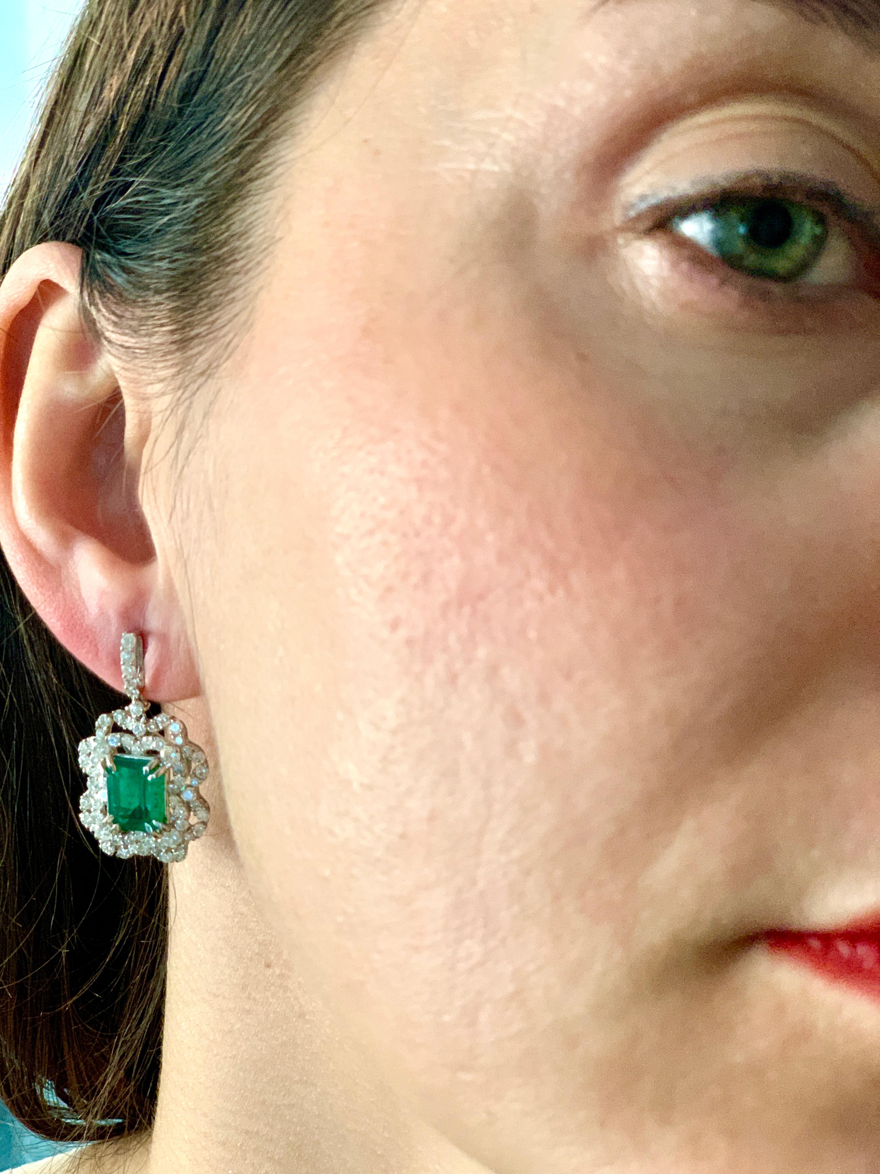 7 Carat Colombian Emerald Cut Emerald Diamond Hanging/Drop Earrings 18Karat Gold For Sale 5
