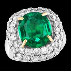 7 Carat Cushion Cut Colombian Emerald & 3.5 Ct Diamond Ring in Platinum Size 6.2
