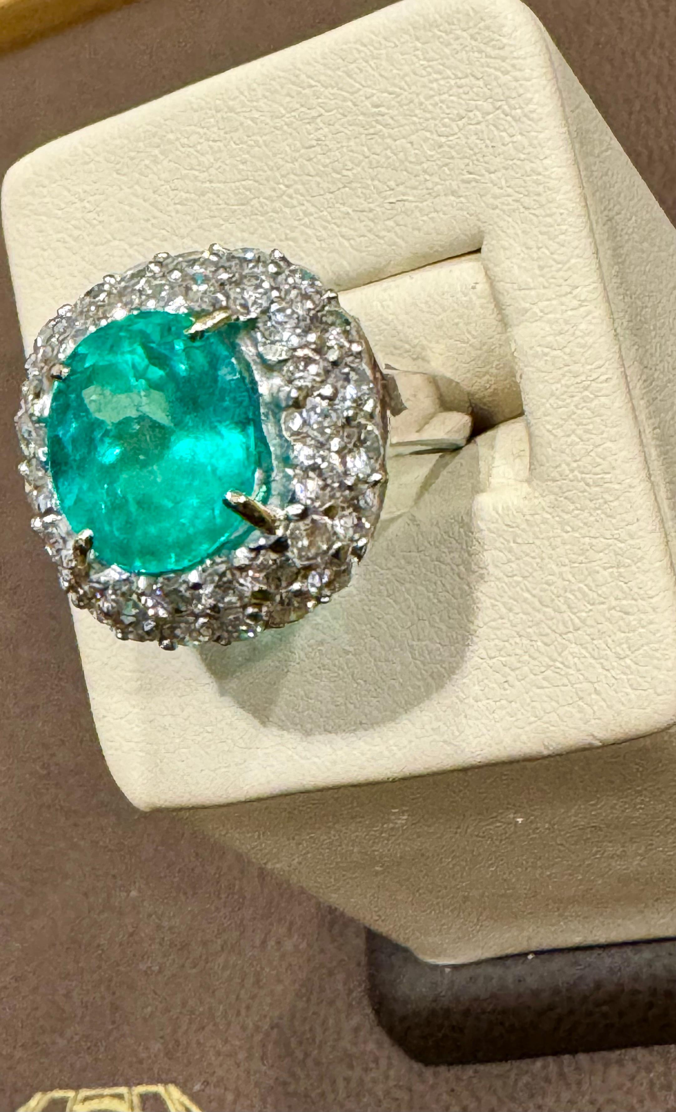 Women's 7 Carat Cushion Cut Colombian Emerald & 3.5 Ct Diamond Ring in Platinum Size 6.2 For Sale
