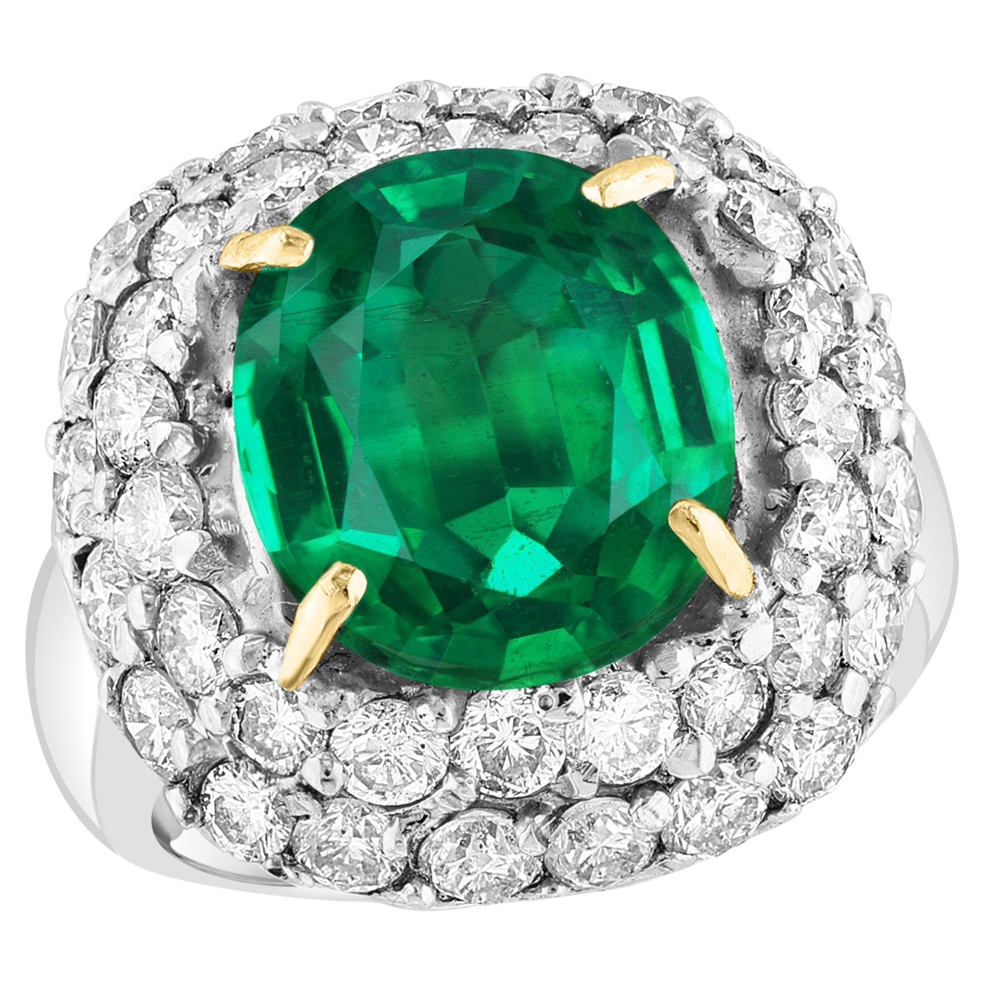 7 Carat Cushion Cut Colombian Emerald & 3.5 Ct Diamond Ring in Platinum Size 6.2