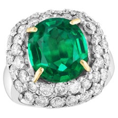 7 Carat Cushion Cut Colombian Emerald & 3.5 Ct Diamond Ring in Platinum Size 6.2