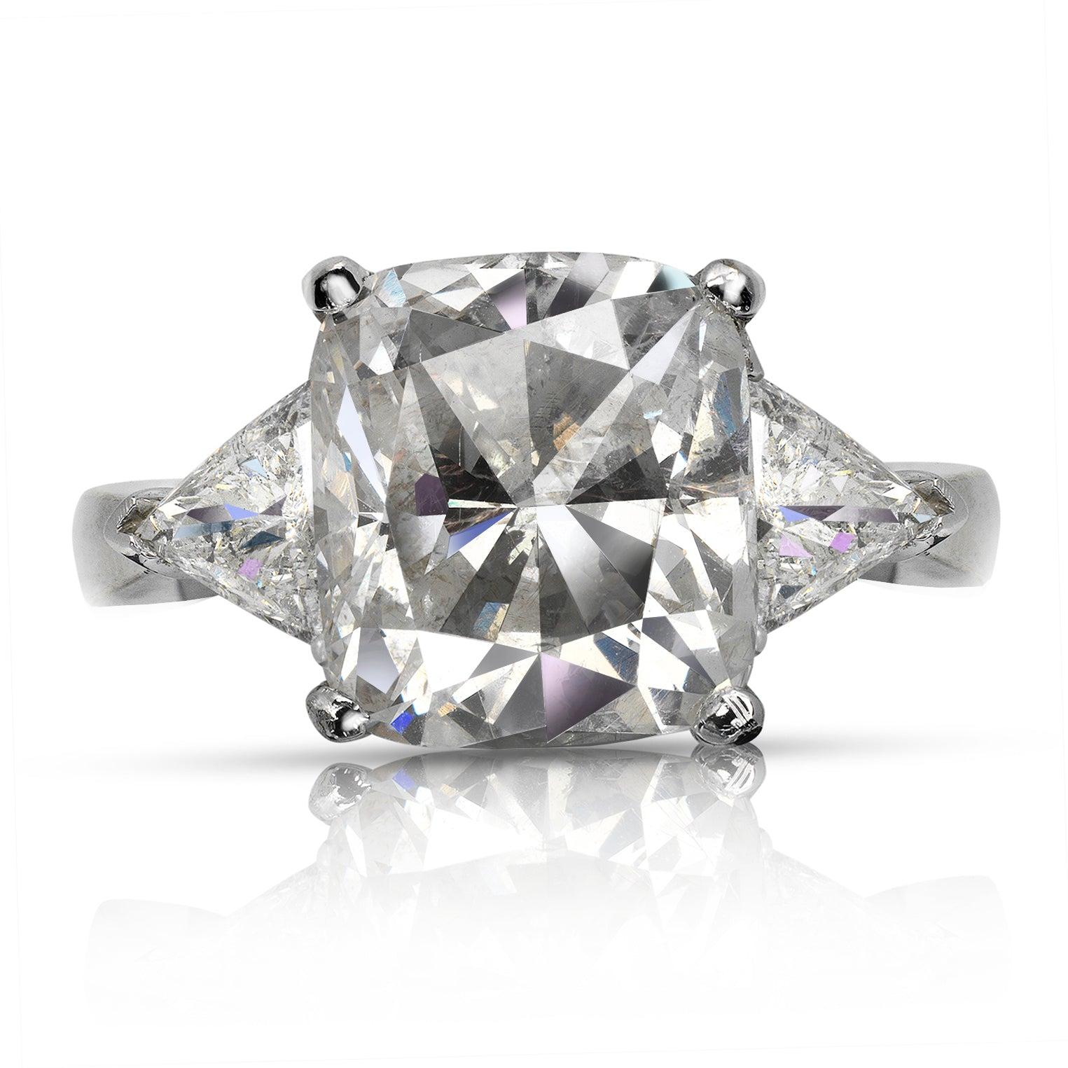LYS -CUSHION CUT THREE STONE TRILLION  DIAMOND ENGAGEMENT RING  BY MIKE NEKTA 
CERTIFIED 
Center Diamond:

Carat Weight: 6.2 Carats
Color : H
Clarity: SI1*
Style: CUSHION CUT
Approximate Measurements: 10.9 x 9.8 x 6.9 mm
* Clarity Enhanced 
