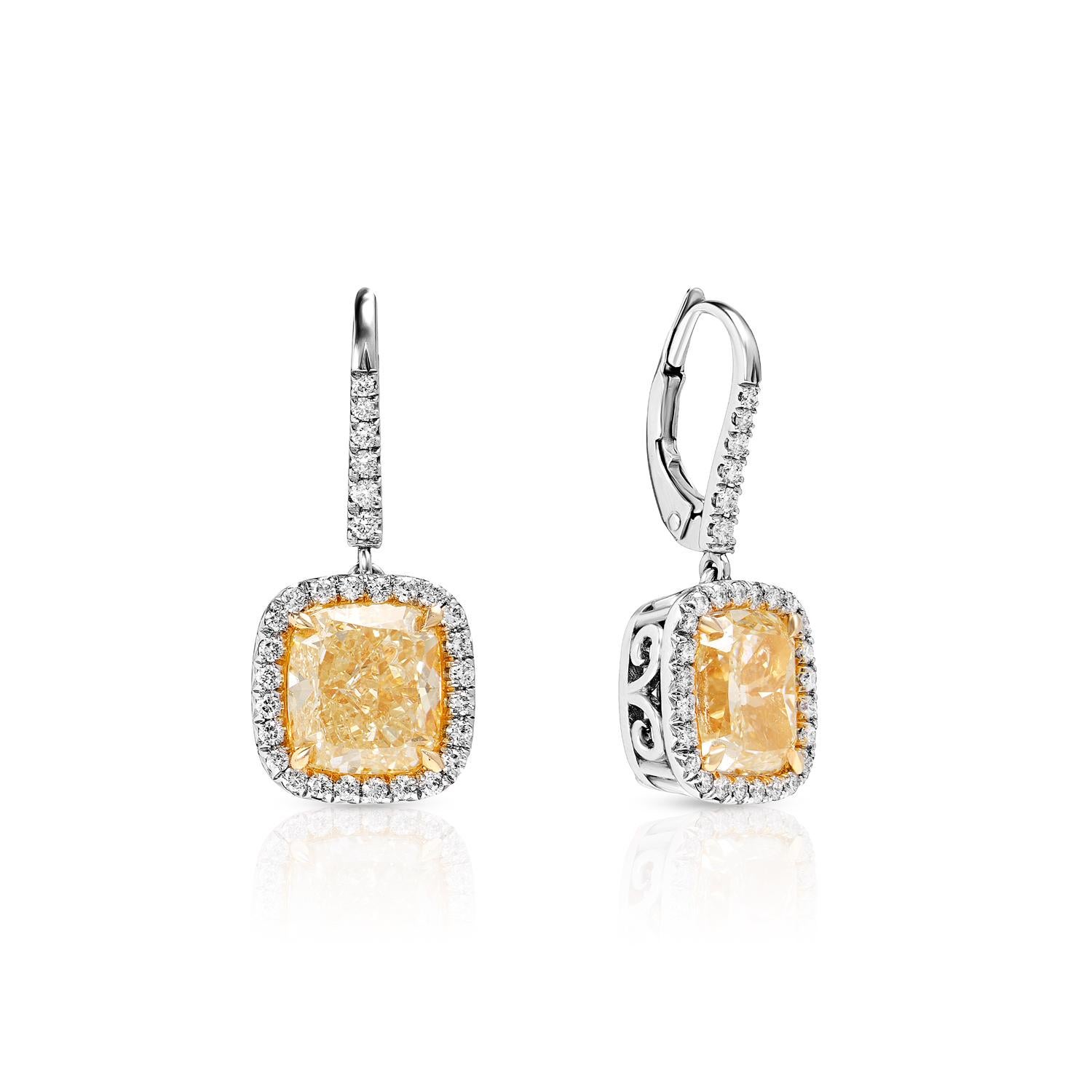 7 Carat Cushion Cut Halo Diamond Leverback Earrings Certified Y In New Condition For Sale In New York, NY