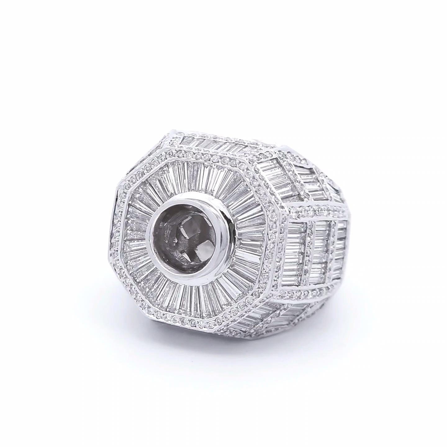 Round Cut 7 Carat Designer Semi Mount Gents Ring in 18K White Gold For Sale