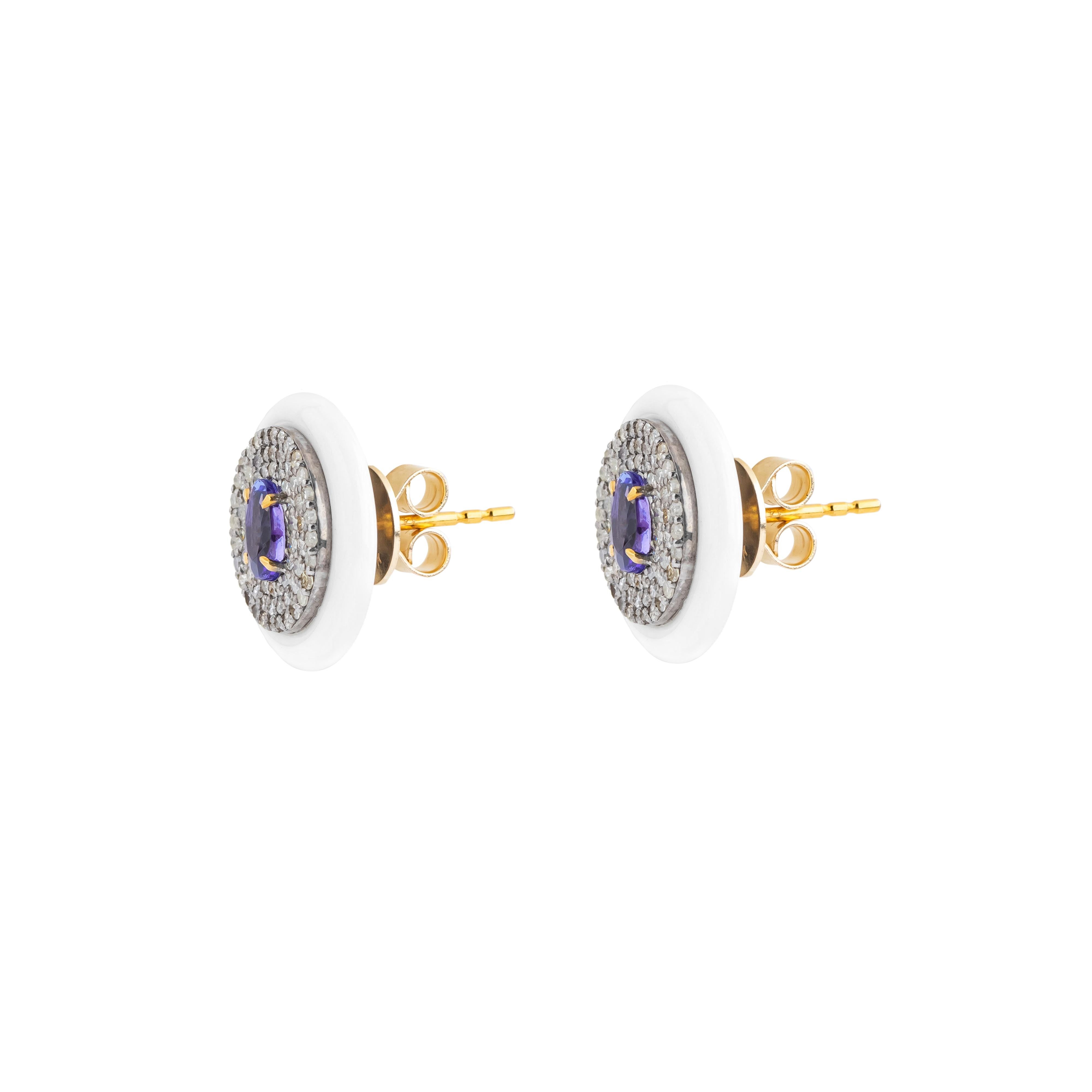 Round Cut 7 Carat Diamond, Opal and Tanzanite Stud Earrings For Sale