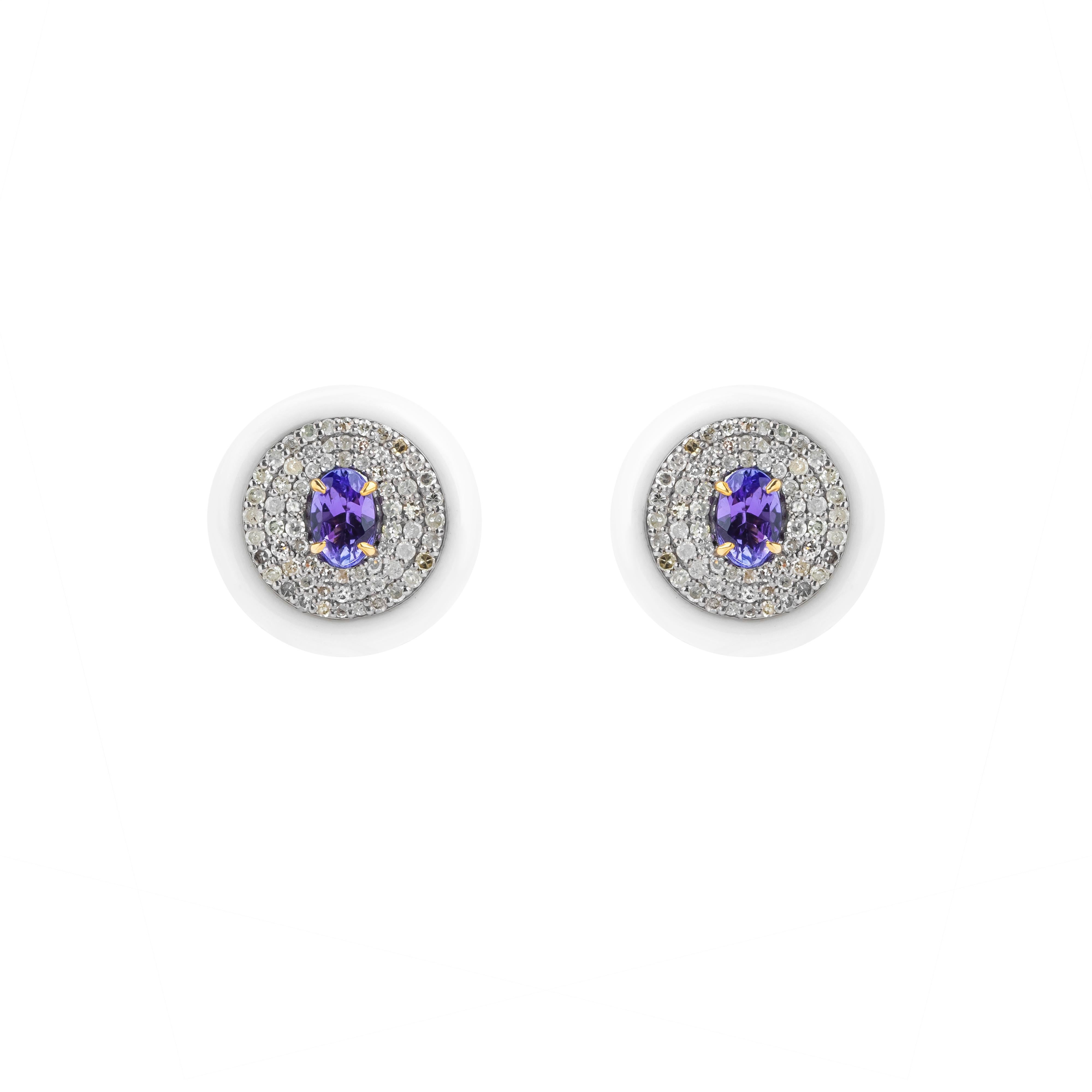 Women's or Men's 7 Carat Diamond, Opal and Tanzanite Stud Earrings For Sale