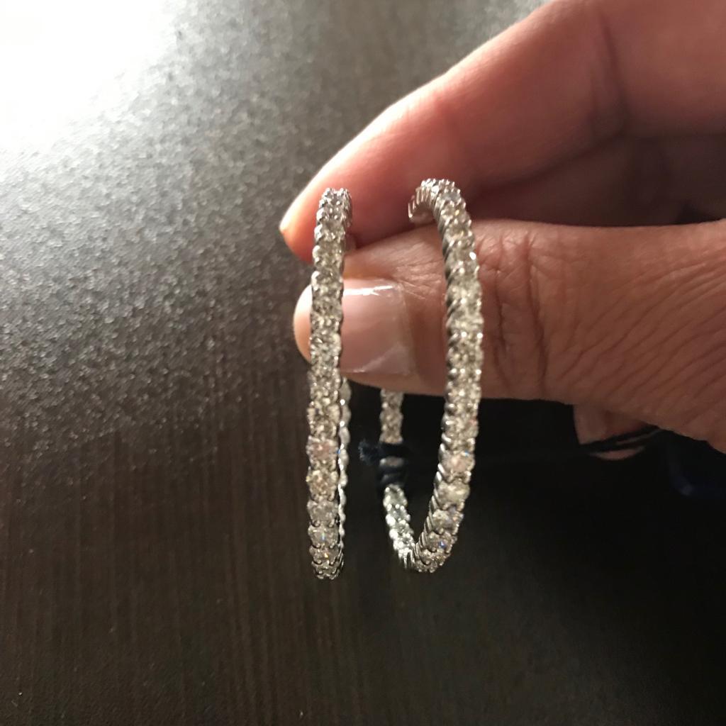 Round Cut 7 Carat Diamond White Gold Hoop Earrings For Sale