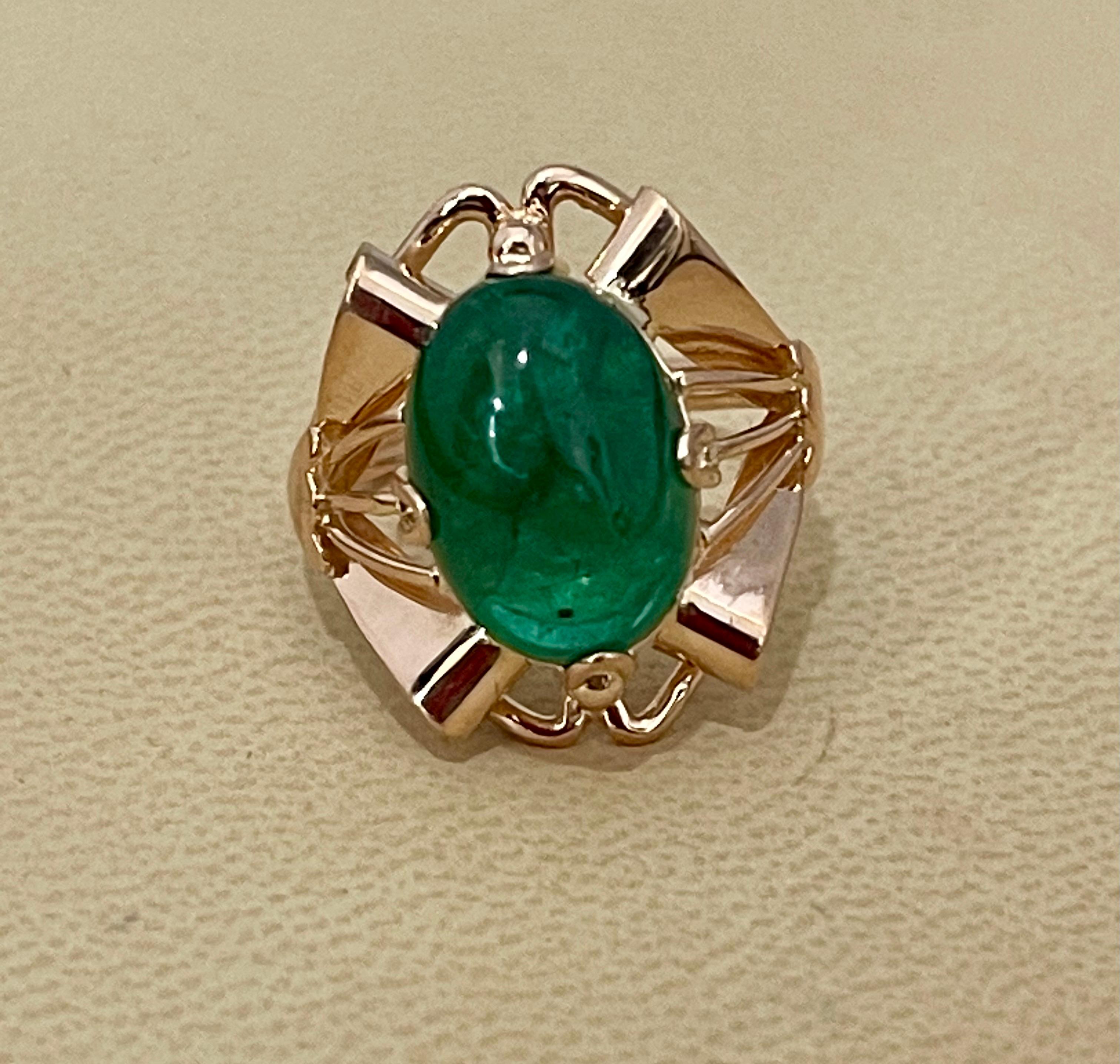 7 Carat Elongated Oval Emerald Cabochon 14 Karat Rose Gold Cocktail Ring Vintage For Sale 5